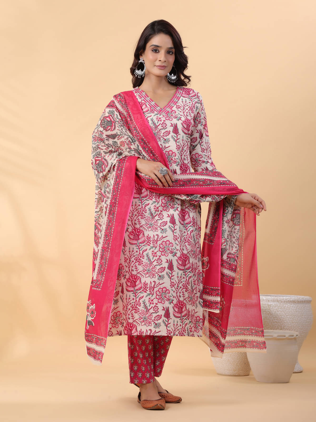     			Janasya Cotton Printed Kurti With Pants Women's Stitched Salwar Suit - Off White ( Pack of 1 )