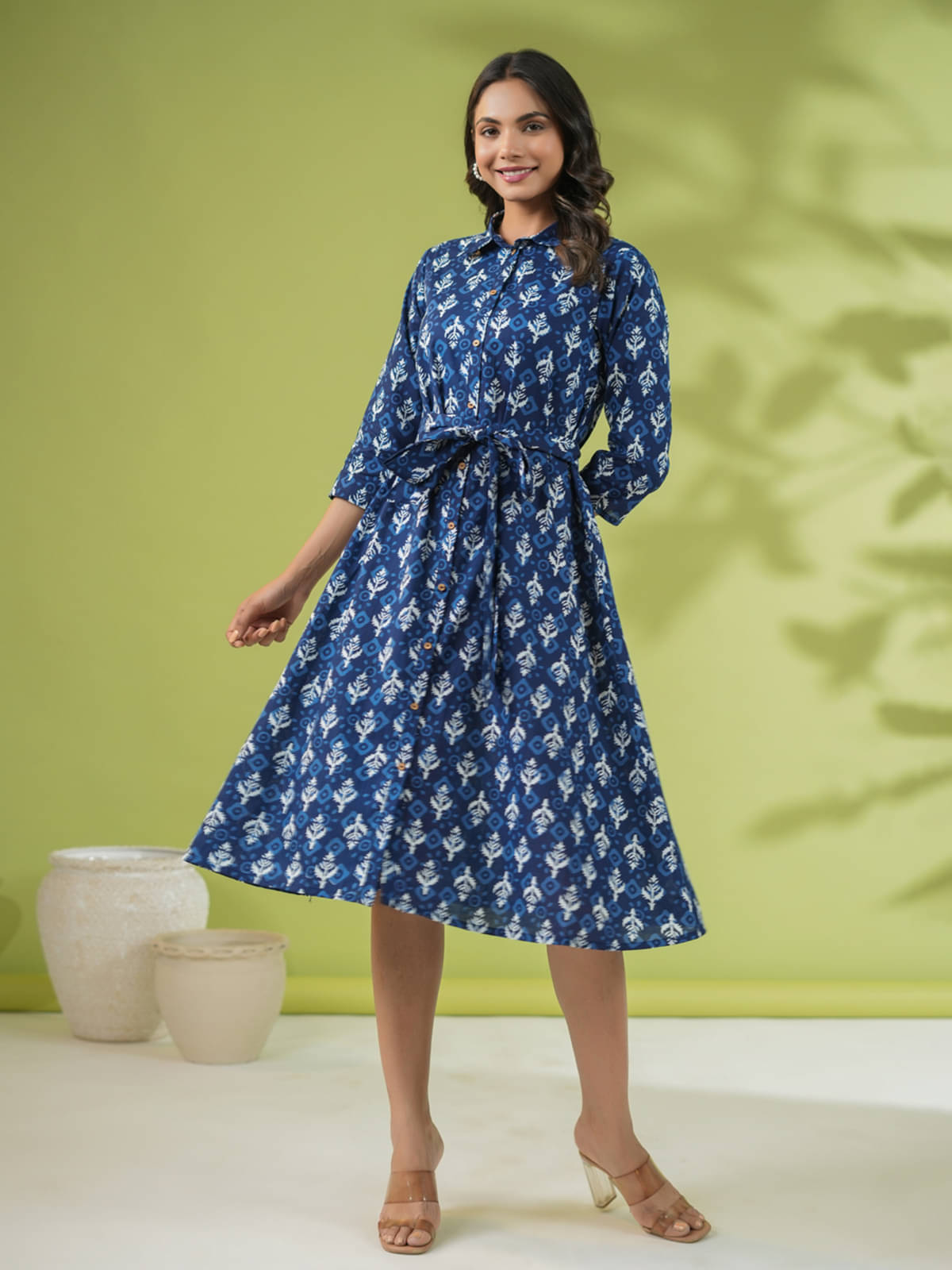 Janasya Cotton Printed Midi Women's Shift Dress - Indigo ( Pack of 1 ) Janasya Cotton Printed Midi Women's Shift Dress - Indigo ( Pack of 1 )