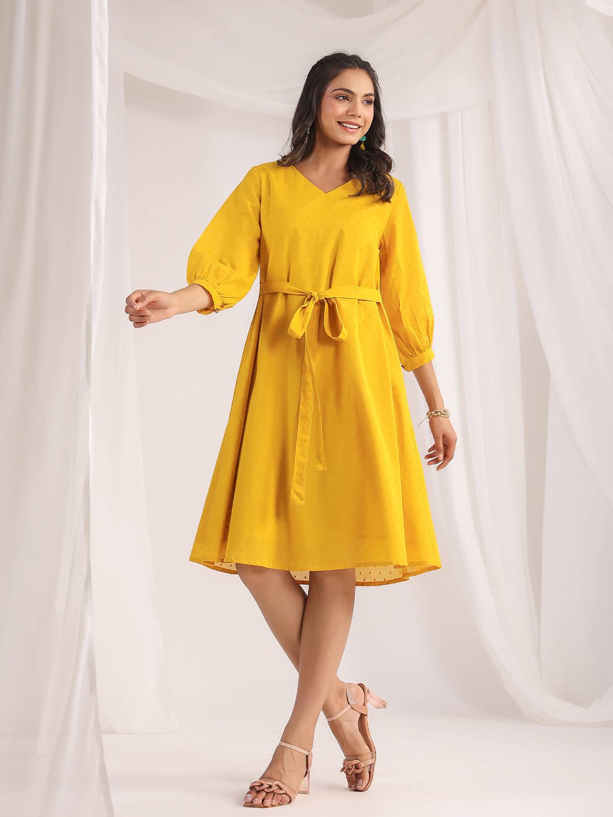 Janasya Women Cotton Self Design A-line Dress ( Yellow ) Janasya Women Cotton Self Design A-line Dress ( Yellow )