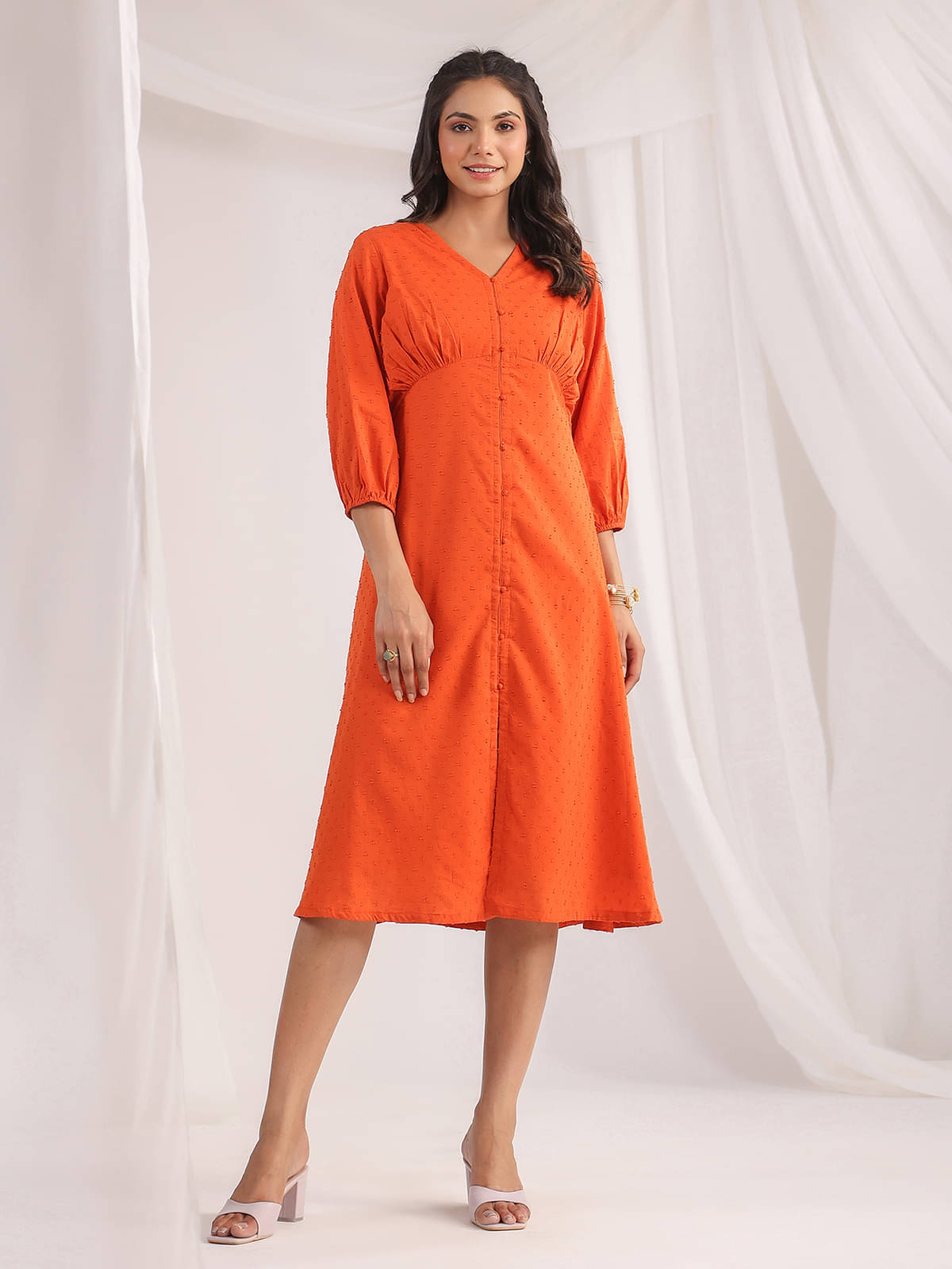 Janasya Women Cotton Self Design A-line Dress ( Orange ) Janasya Women Cotton Self Design A-line Dress ( Orange )