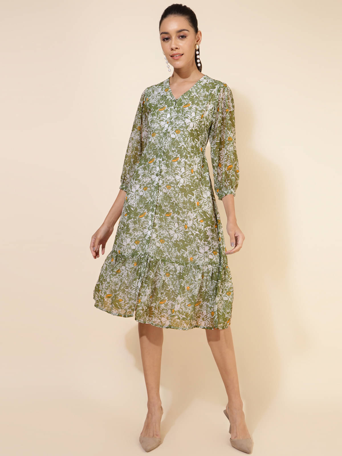 Janasya Women Georgette Printed A-line Dress ( Olive ) Janasya Women Georgette Printed A-line Dress ( Olive )