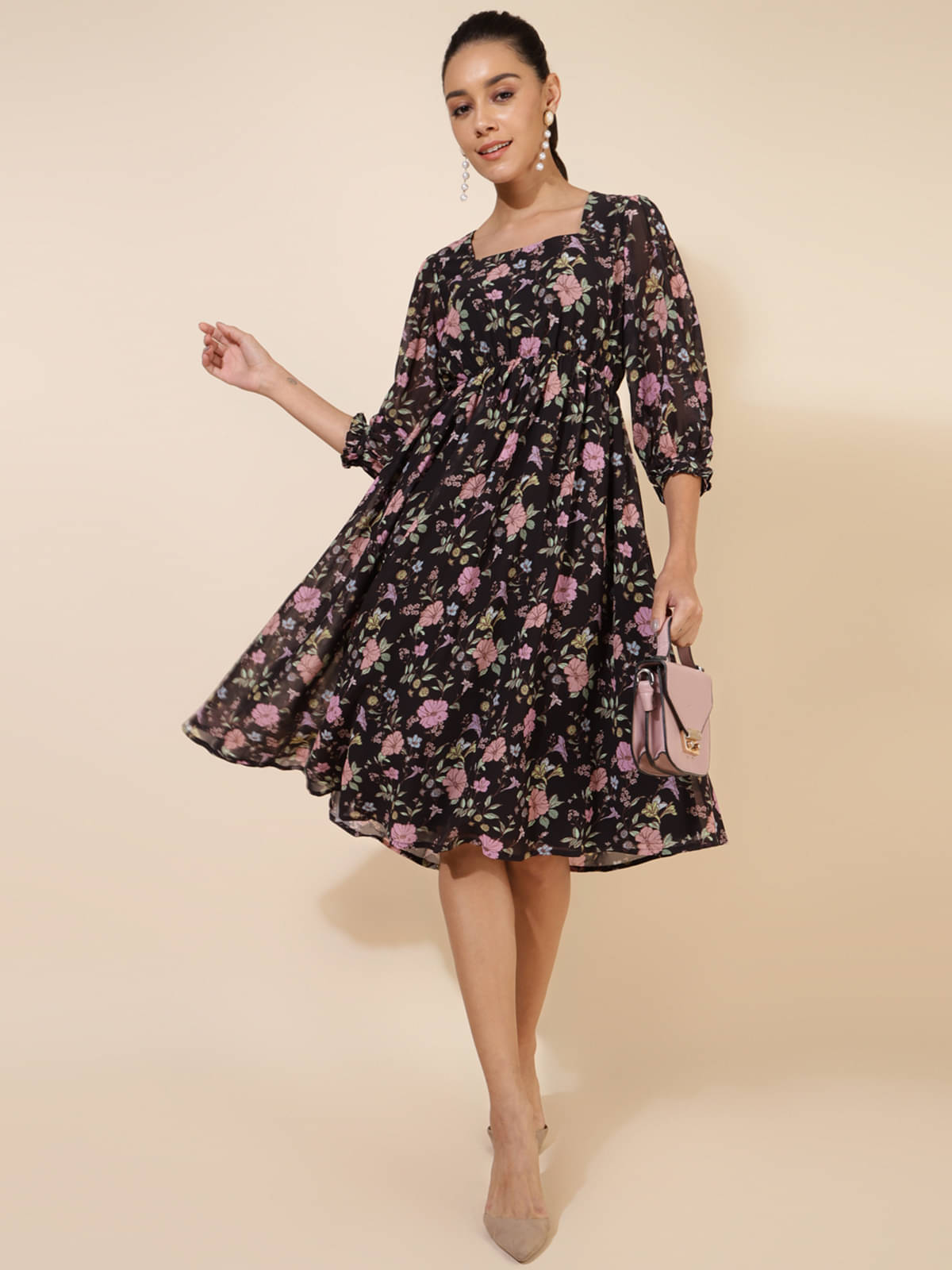     			Janasya Women Georgette Printed Fit & Flare Dress ( Black )