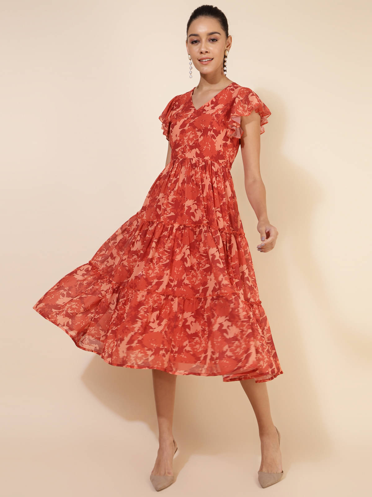 Janasya Women Georgette Printed A-line Dress ( Rust ) Janasya Women Georgette Printed A-line Dress ( Rust )