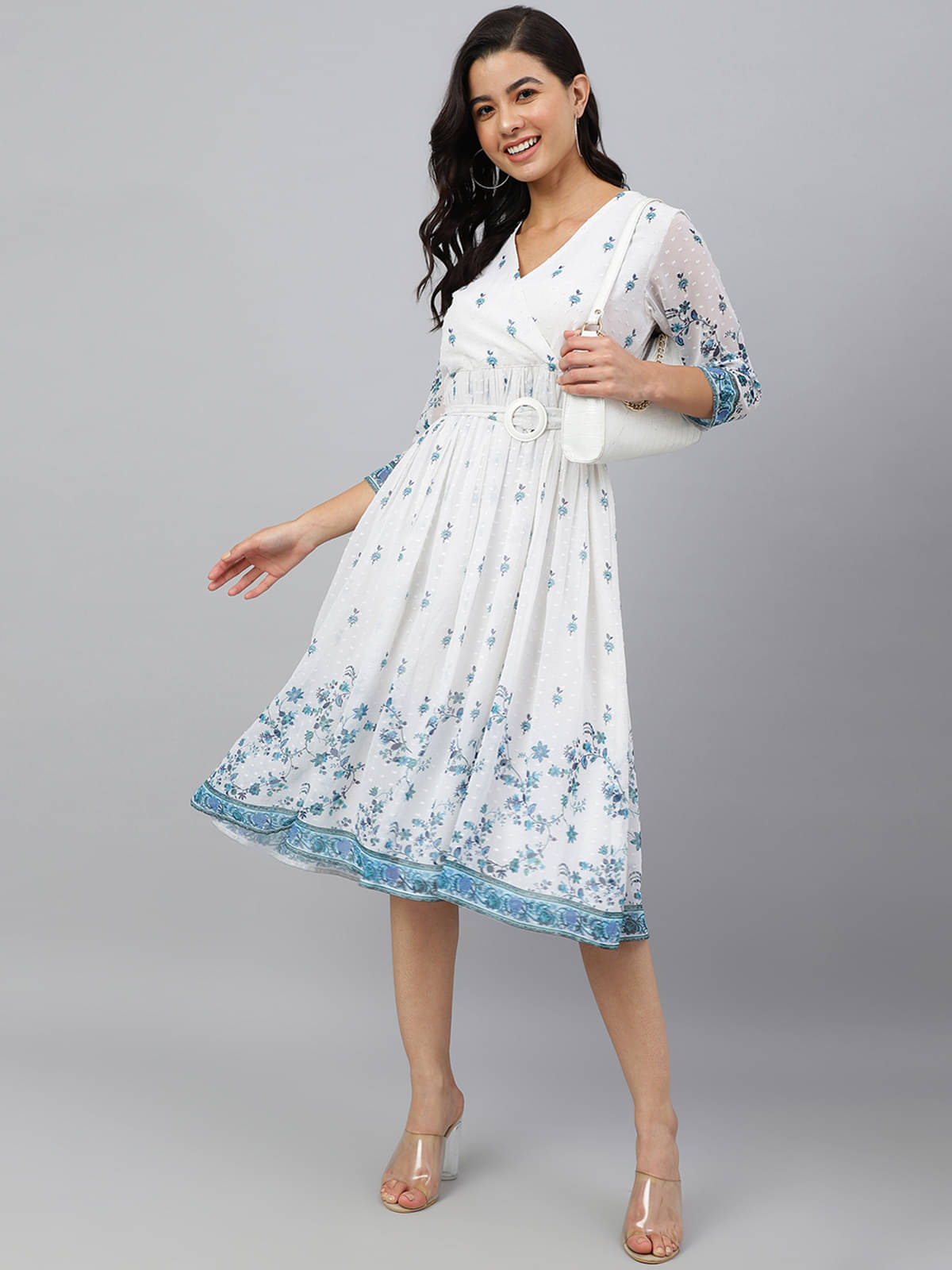 Janasya Women Georgette Printed Fit & Flare Dress ( White ) Janasya Women Georgette Printed Fit & Flare Dress ( White )