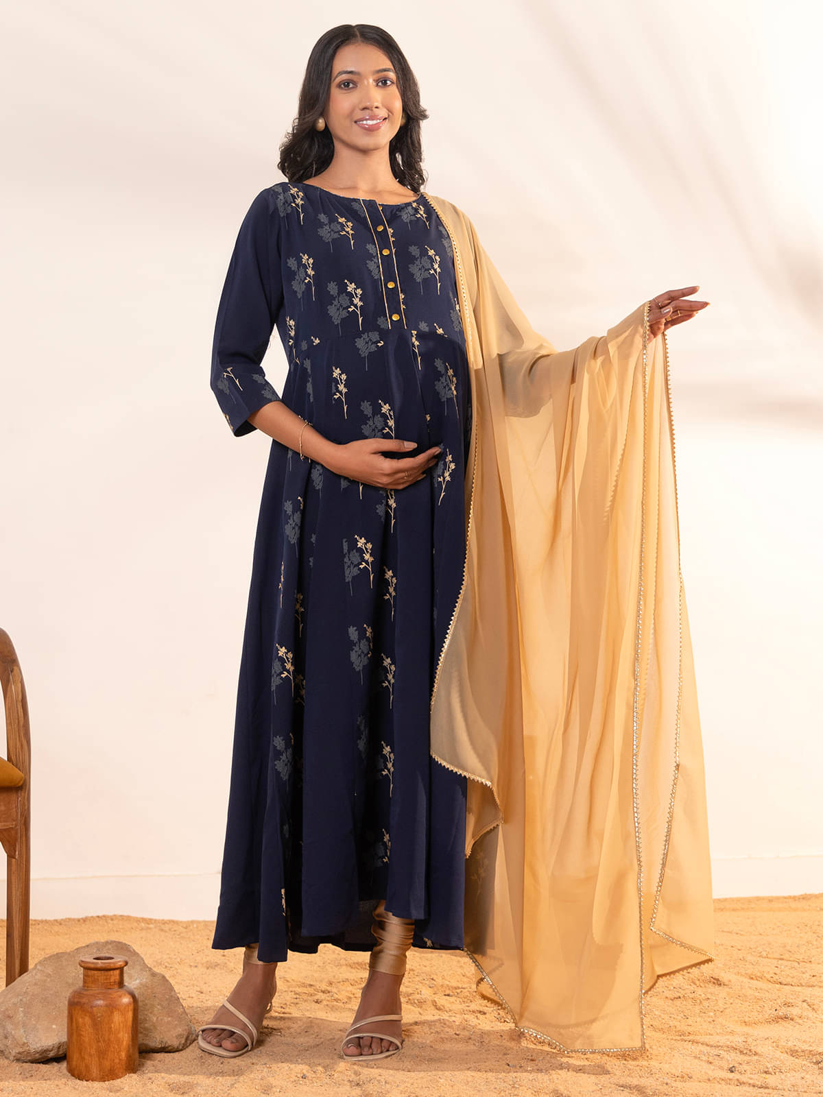 Janasya Navy Crepe Maternity Kurta Suit Set Single Janasya Navy Crepe Maternity Kurta Suit Set Single