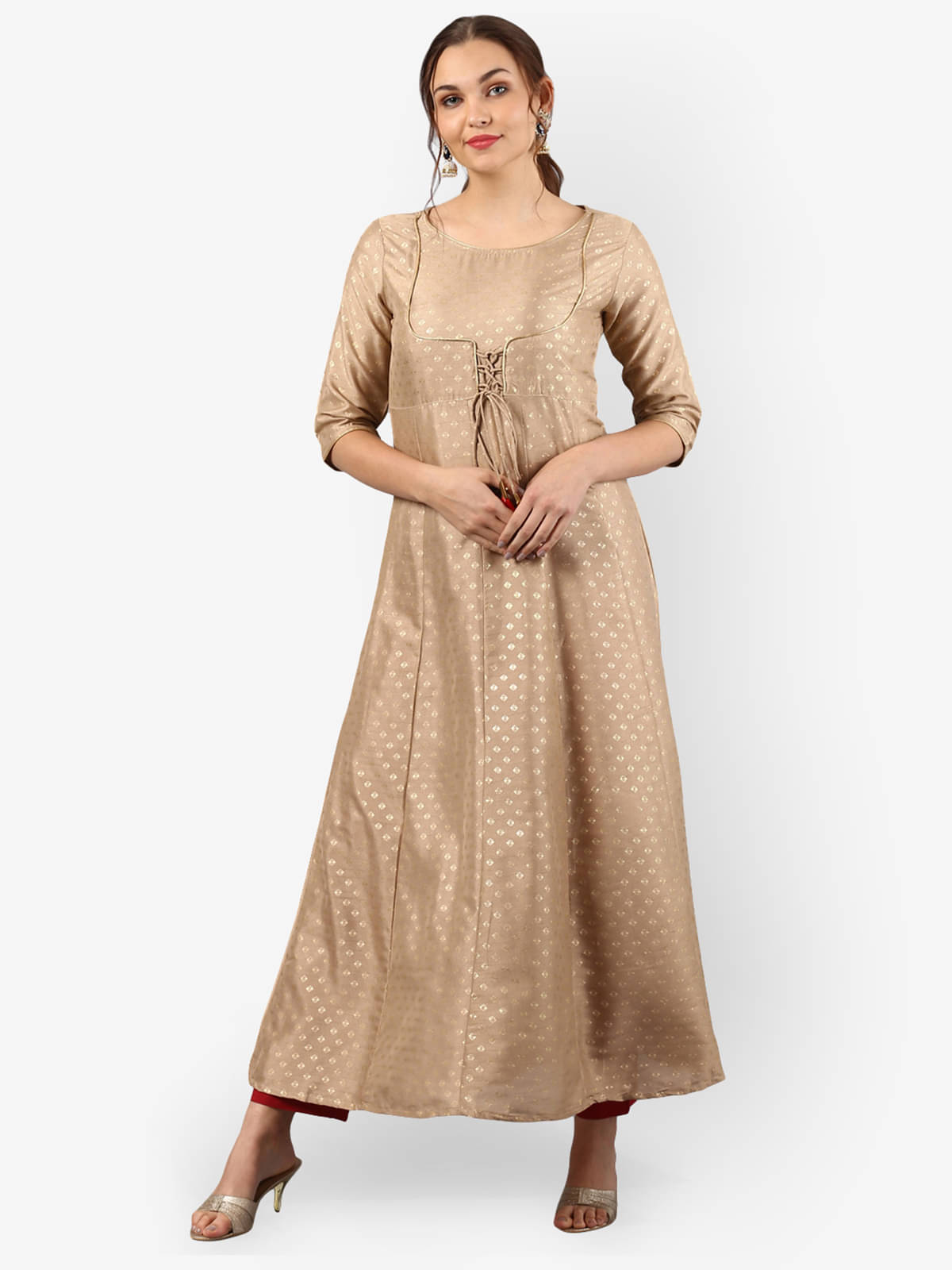     			Janasya Silk Blend Printed Anarkali Women's Kurti - Beige ( Pack of 1 )