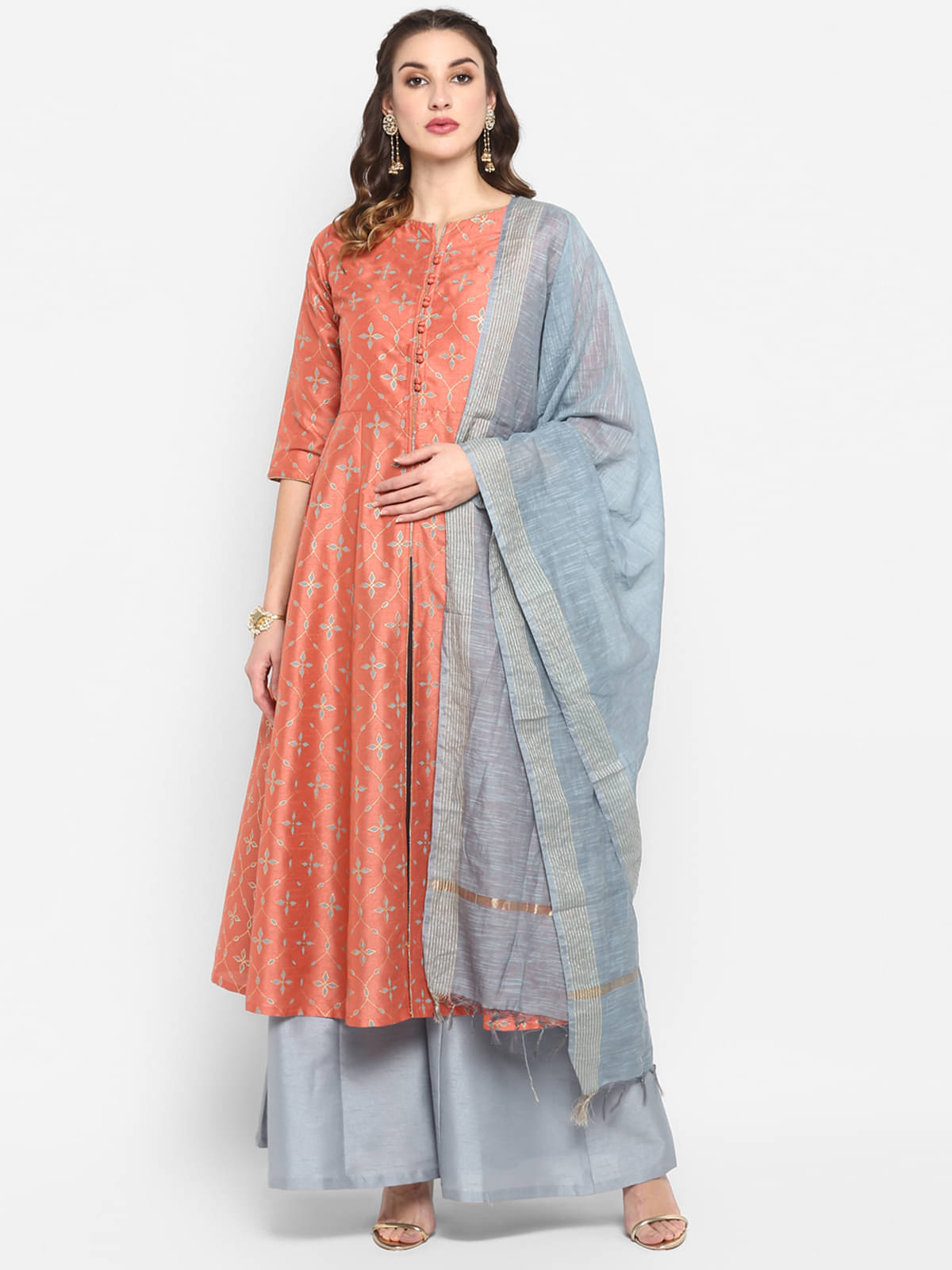     			Janasya Silk Blend Printed Kurti With Palazzo Women's Stitched Salwar Suit - Peach ( Pack of 1 )