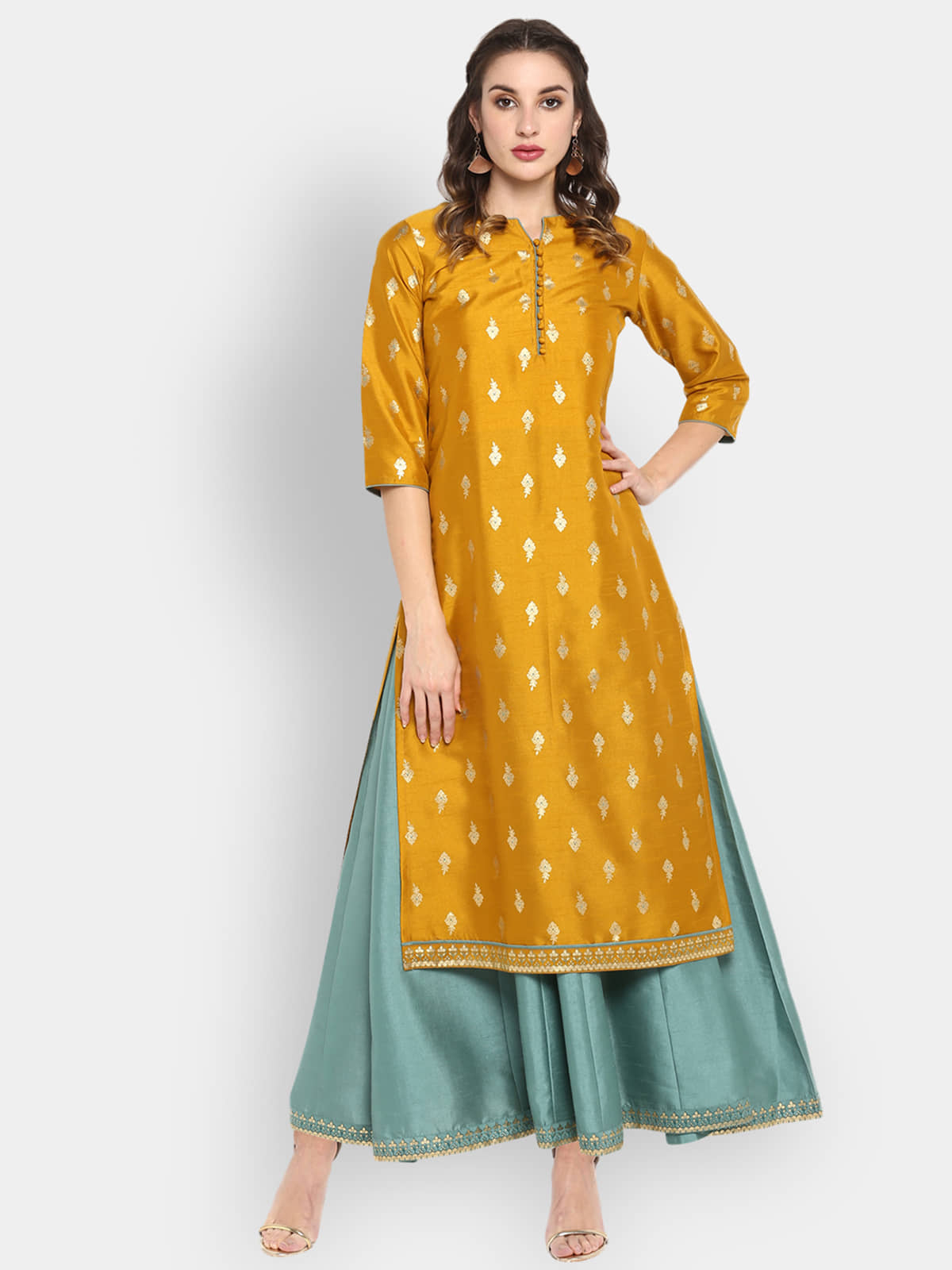 Janasya Silk Blend Printed Midi Women's Fit & Flare Dress - Green ( Pack of 1 )