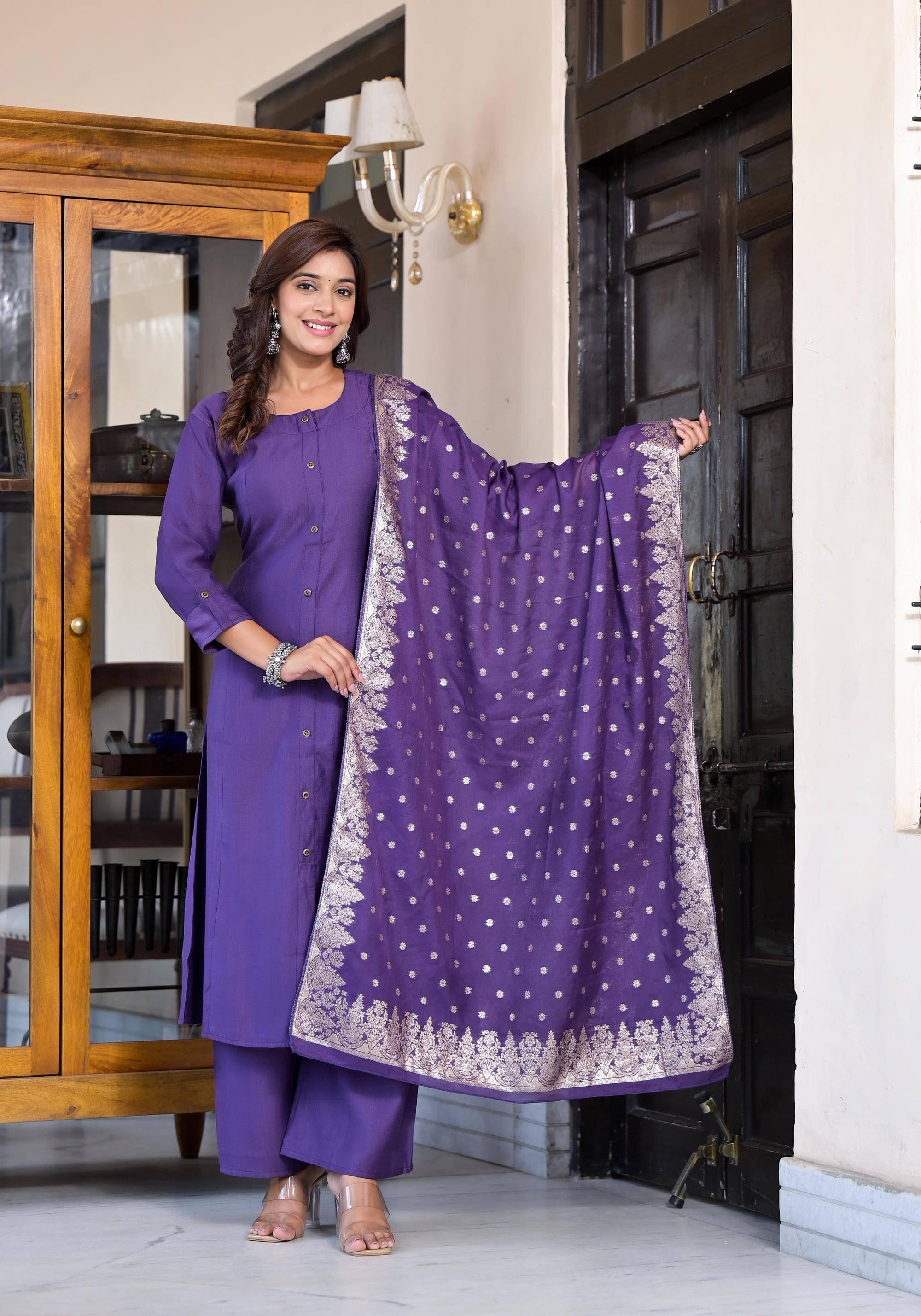     			Juniper Cotton Blend Embroidered Kurti With Pants Women's Stitched Salwar Suit - Purple ( Pack of 1 )