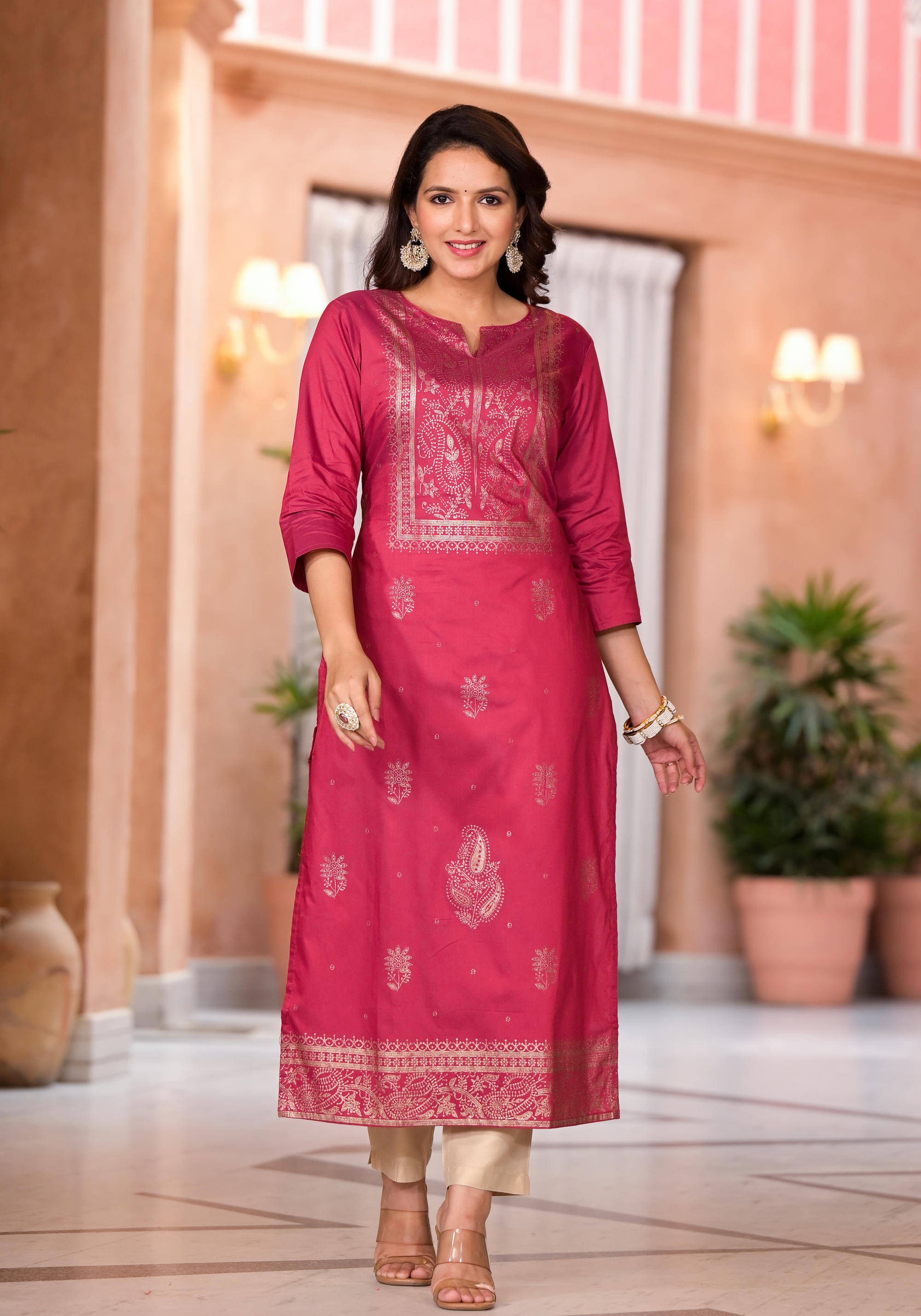 Juniper Cotton Blend Printed Kurti With Pants Women's Stitched Salwar Suit - Maroon ( Pack of 1 ) Juniper Cotton Blend Printed Kurti With Pants Women's Stitched Salwar Suit - Maroon ( Pack of 1 )