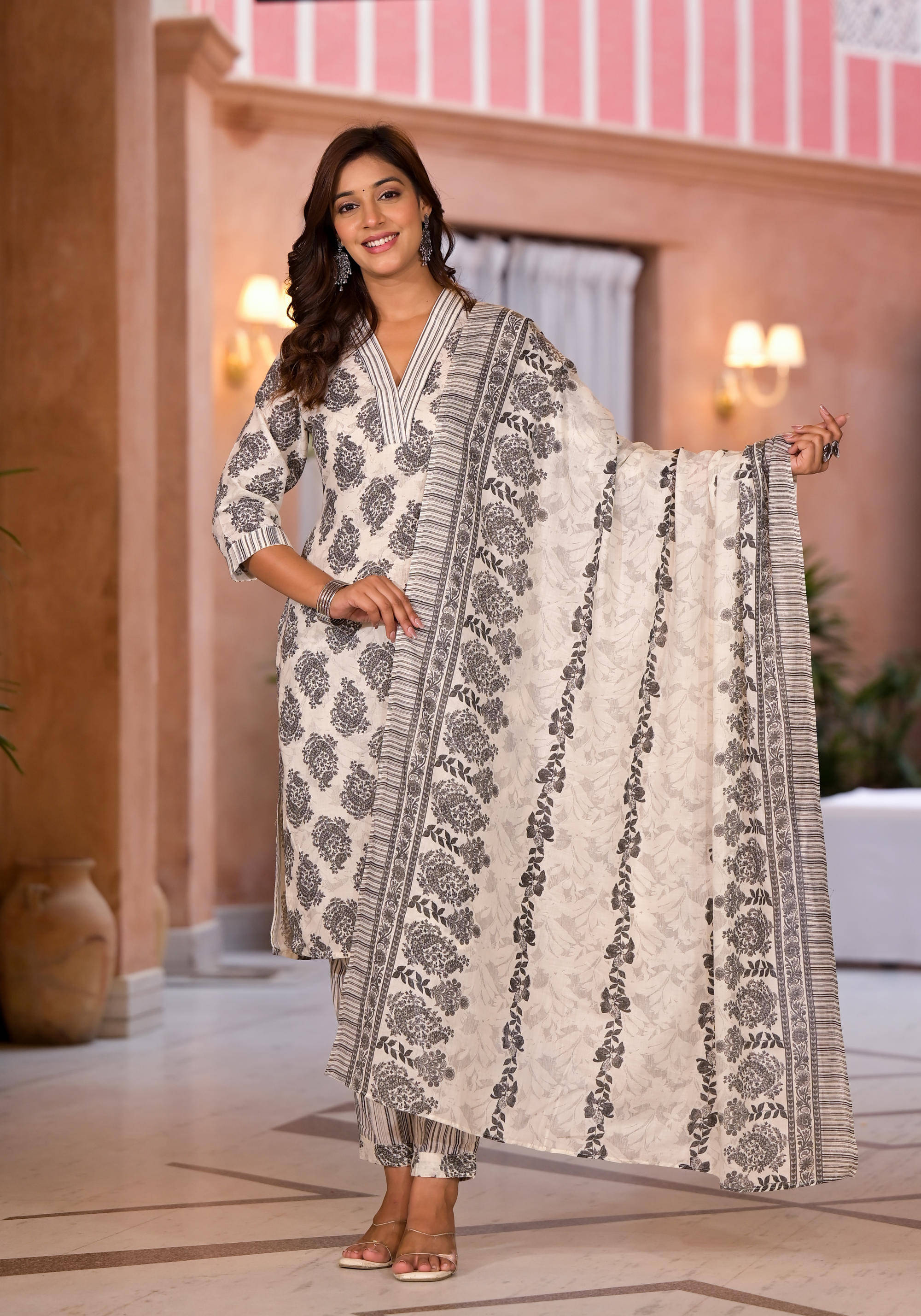     			Juniper Cotton Blend Printed Kurti With Dhoti Pants Women's Stitched Salwar Suit - White ( Pack of 1 )