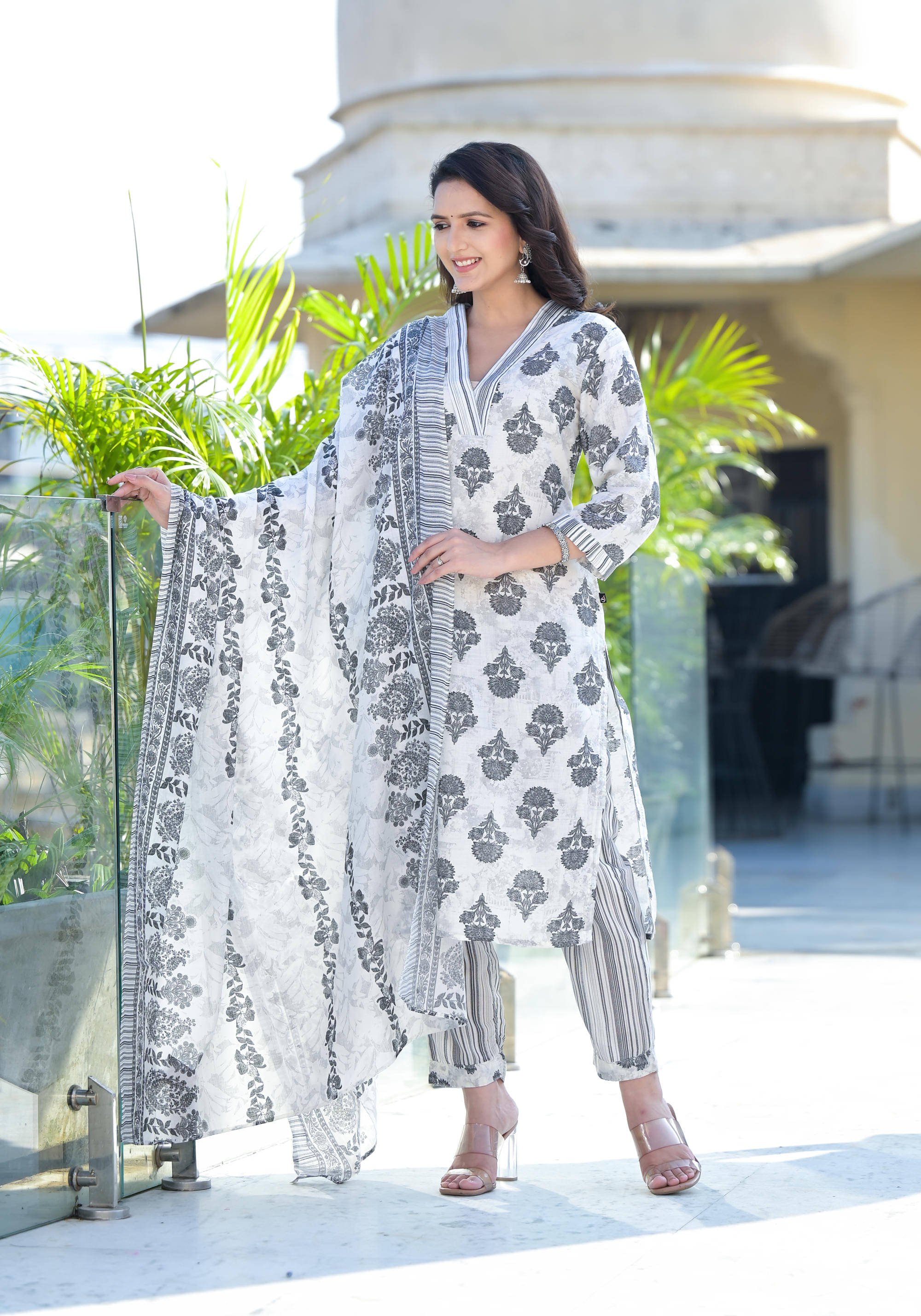     			Juniper Cotton Blend Printed Kurti With Dhoti Pants Women's Stitched Salwar Suit - Grey ( Pack of 1 )