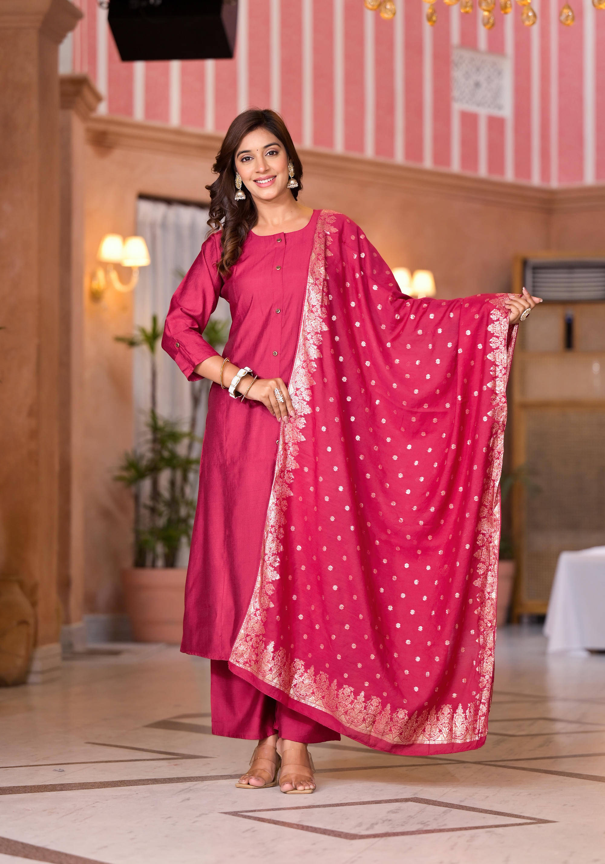    			Juniper Cotton Embroidered Kurti With Pants Women's Stitched Salwar Suit - Pink ( Pack of 1 )