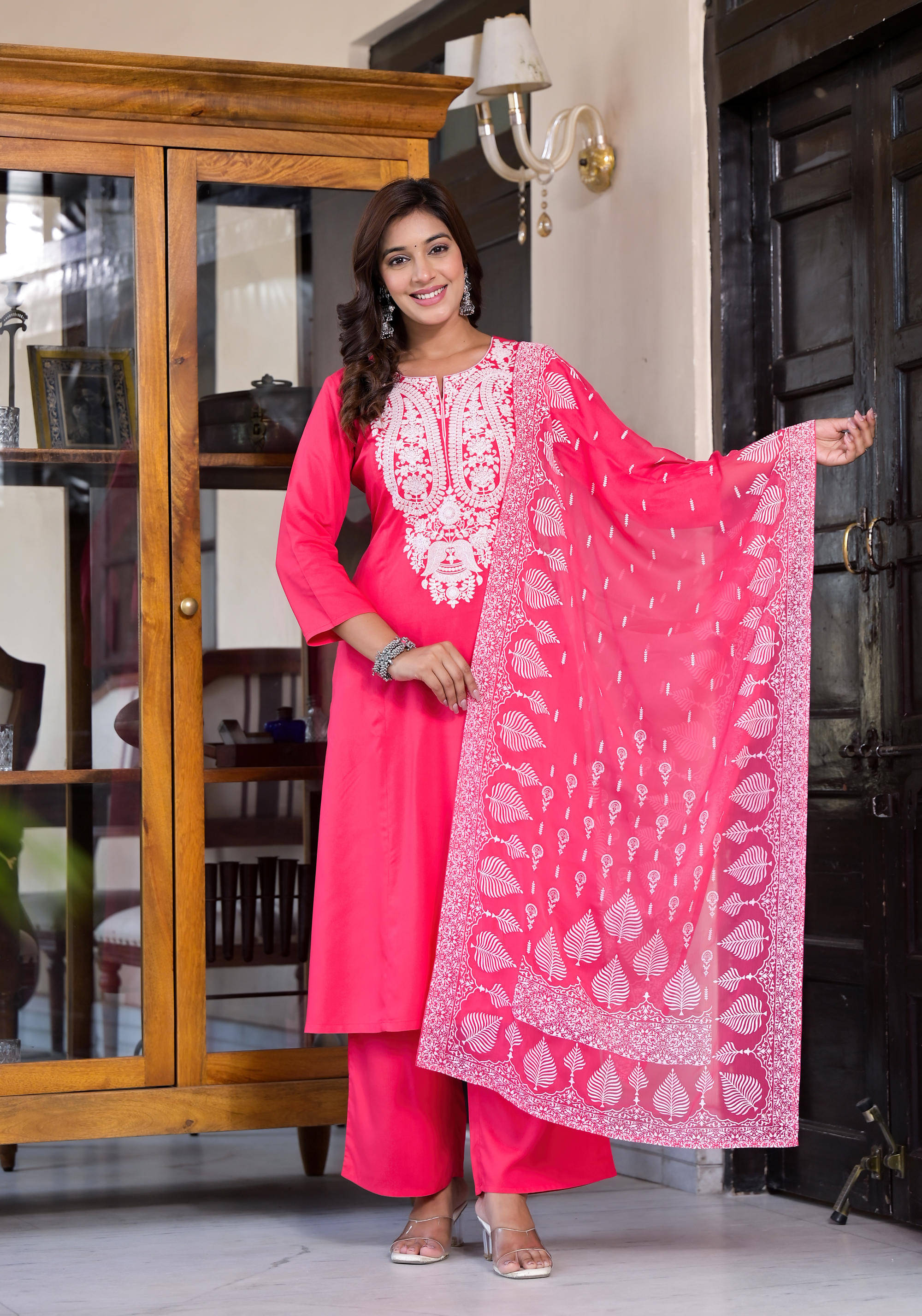     			Juniper Rayon Embroidered Kurti With Palazzo Women's Stitched Salwar Suit - Pink ( Pack of 1 )