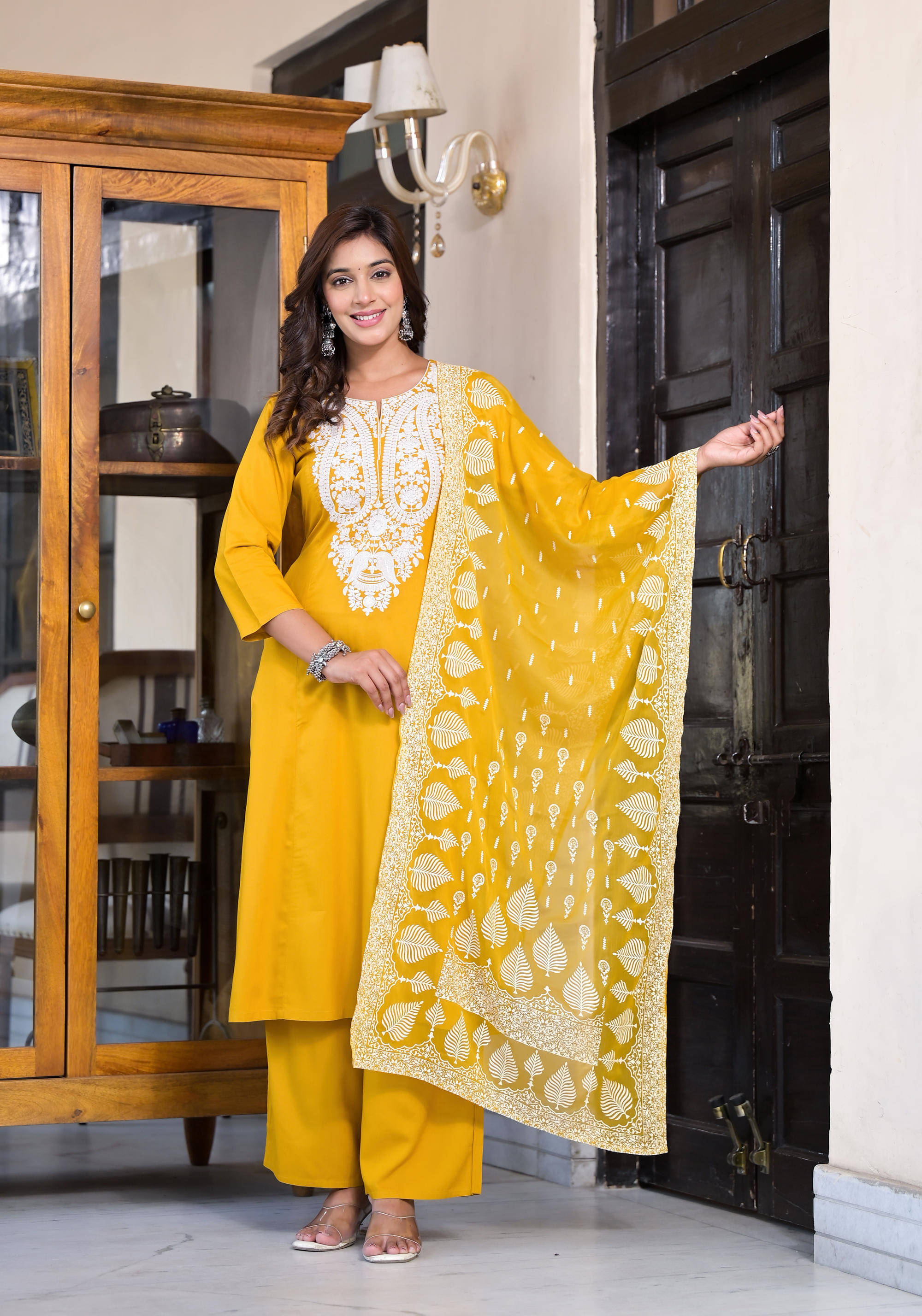 Juniper Rayon Embroidered Kurti With Palazzo Women's Stitched Salwar Suit - Mustard ( Pack of 1 ) Juniper Rayon Embroidered Kurti With Palazzo Women's Stitched Salwar Suit - Mustard ( Pack of 1 )