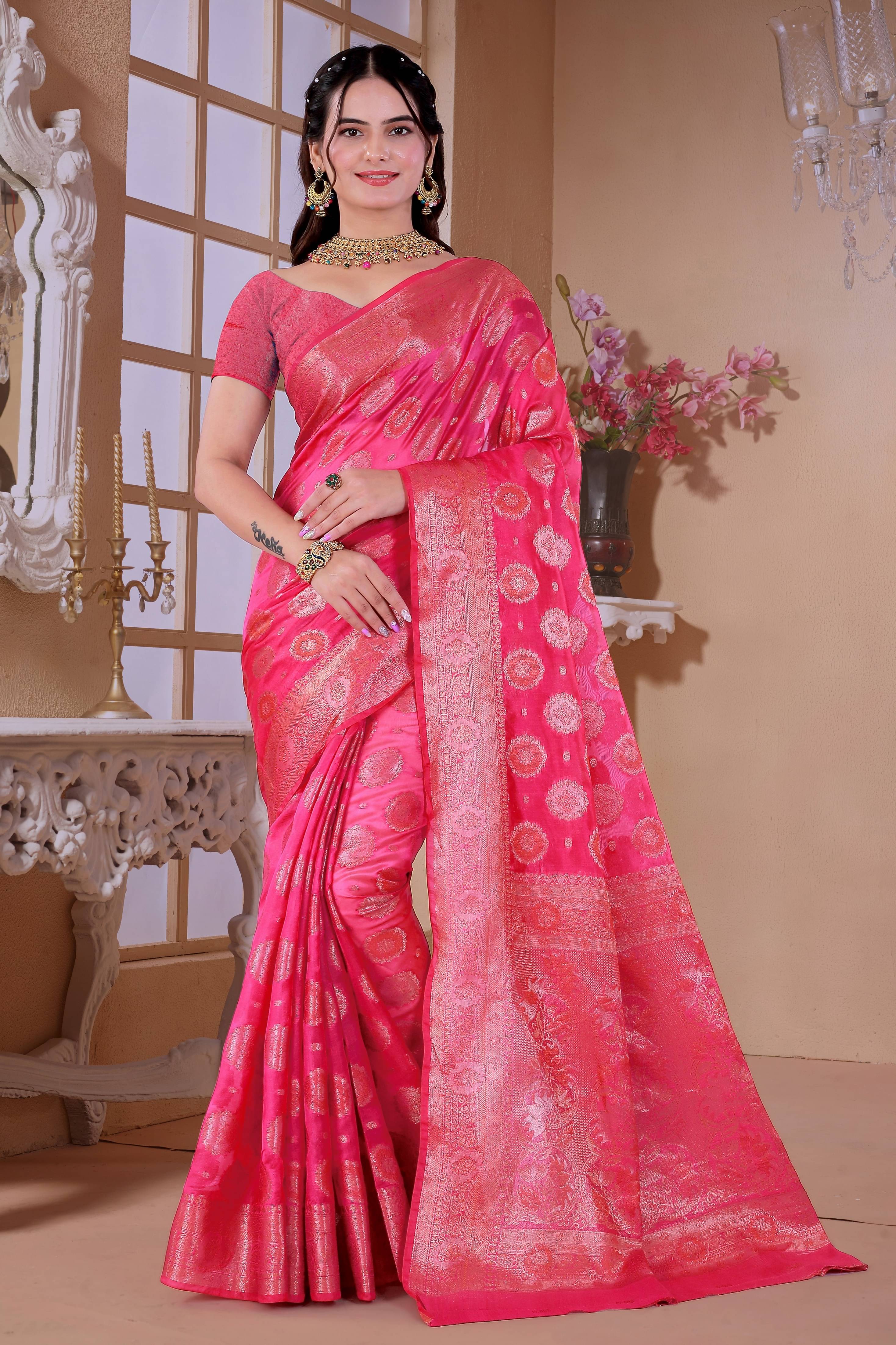Raj Vivah Jacquard Woven Saree With Unstitched Blouse Piece ( Pink )     			Raj Vivah Jacquard Woven Saree With Unstitched Blouse Piece ( Pink )