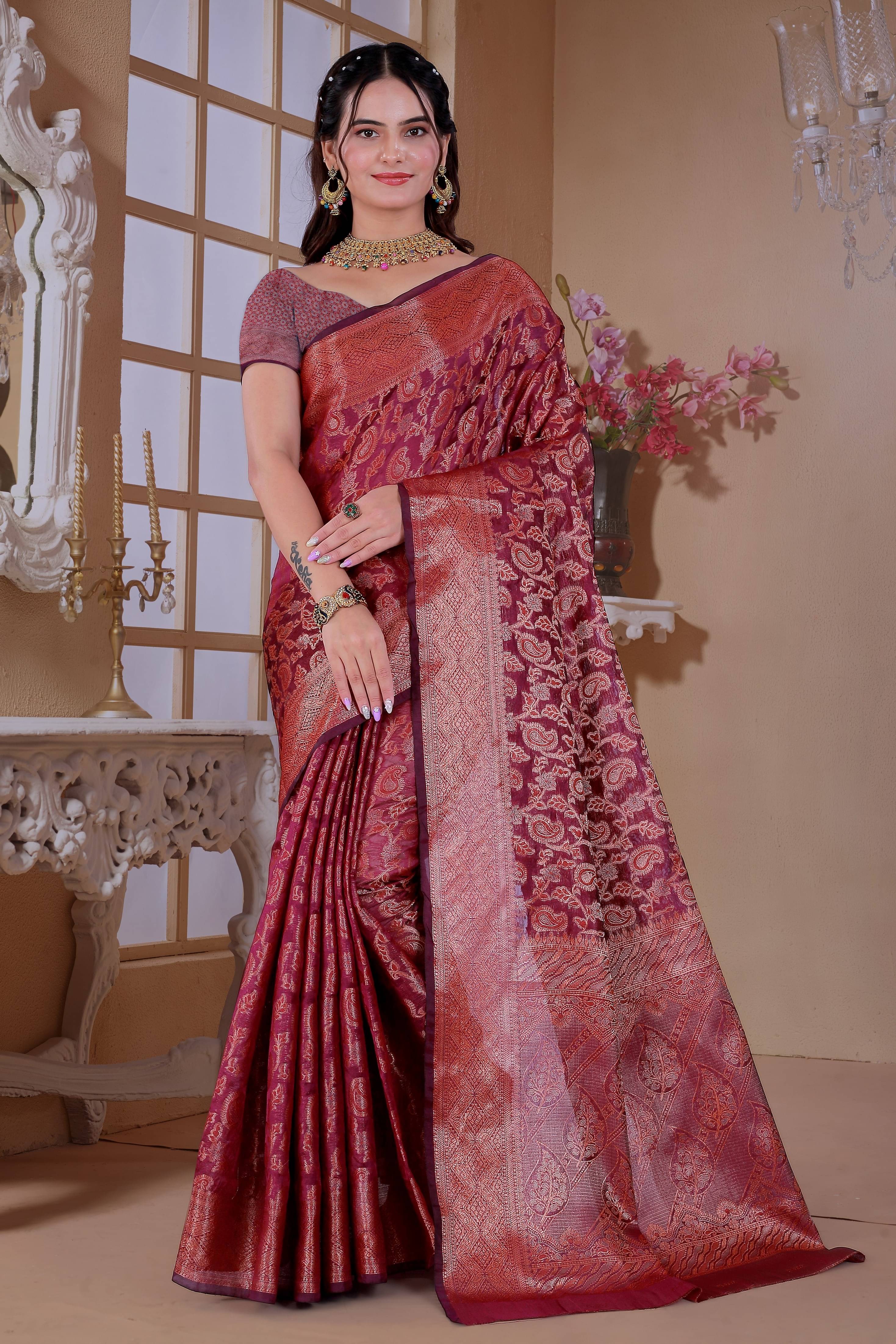 Raj Vivah Jacquard Woven Saree With Unstitched Blouse Piece ( Purple ) Raj Vivah Jacquard Woven Saree With Unstitched Blouse Piece ( Purple )