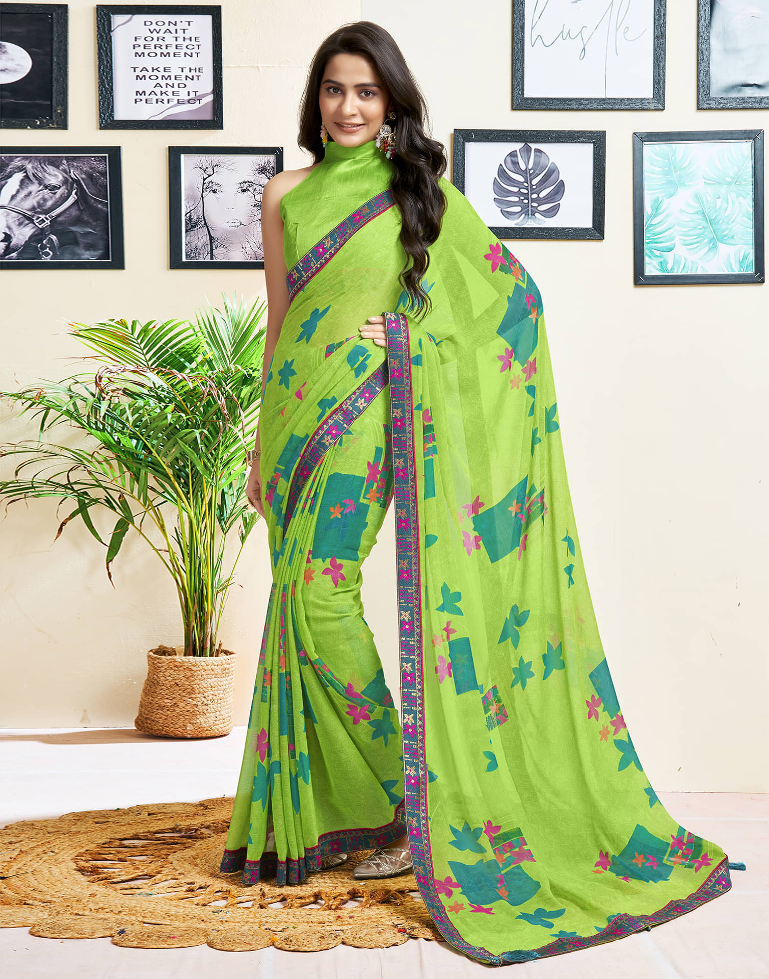 Samah Chiffon Self Design Saree With Unstitched Blouse Piece ( Green ) Samah Chiffon Self Design Saree With Unstitched Blouse Piece ( Green )