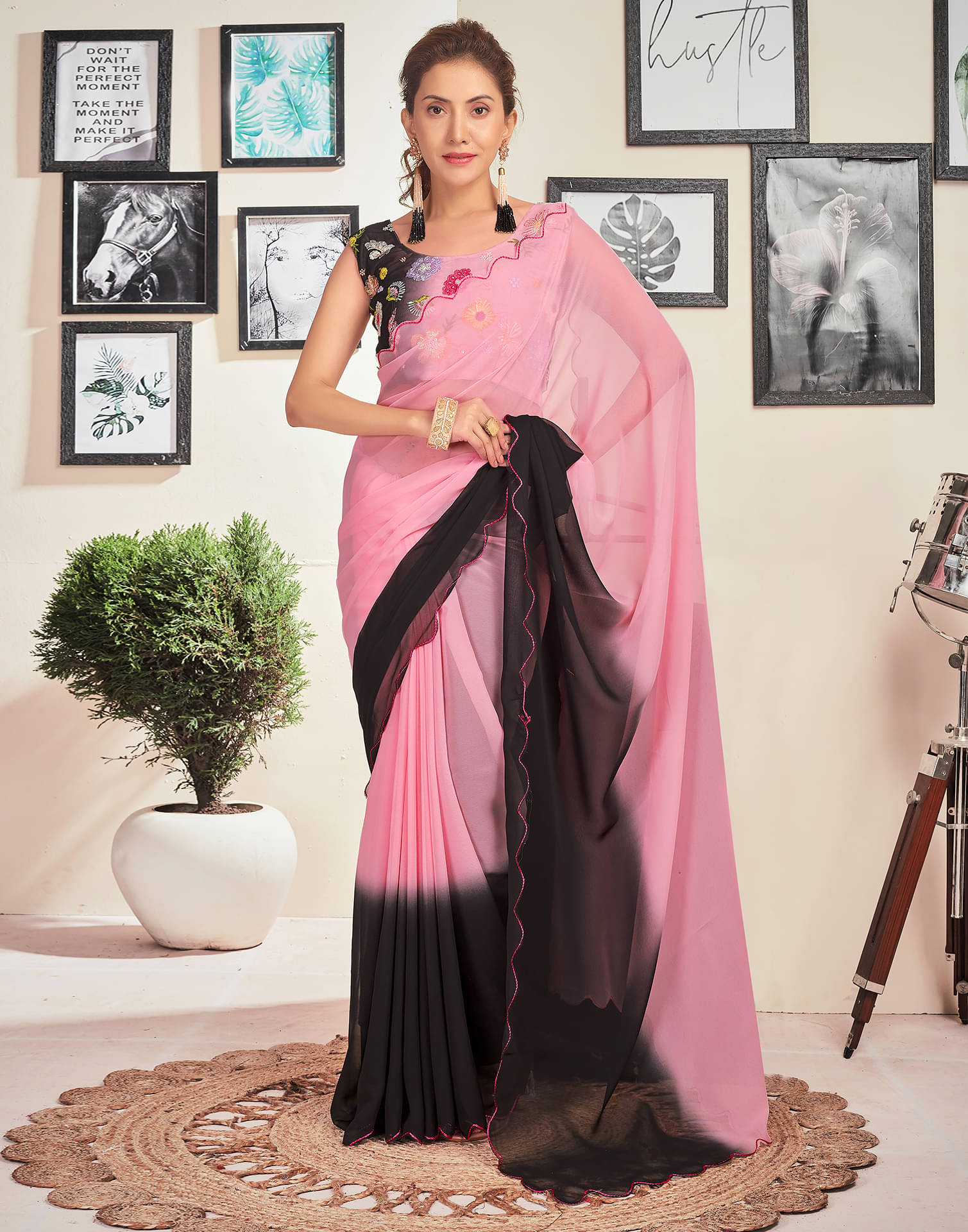     			Samah Georgette Printed Saree With Unstitched Blouse Piece ( Rose Gold )