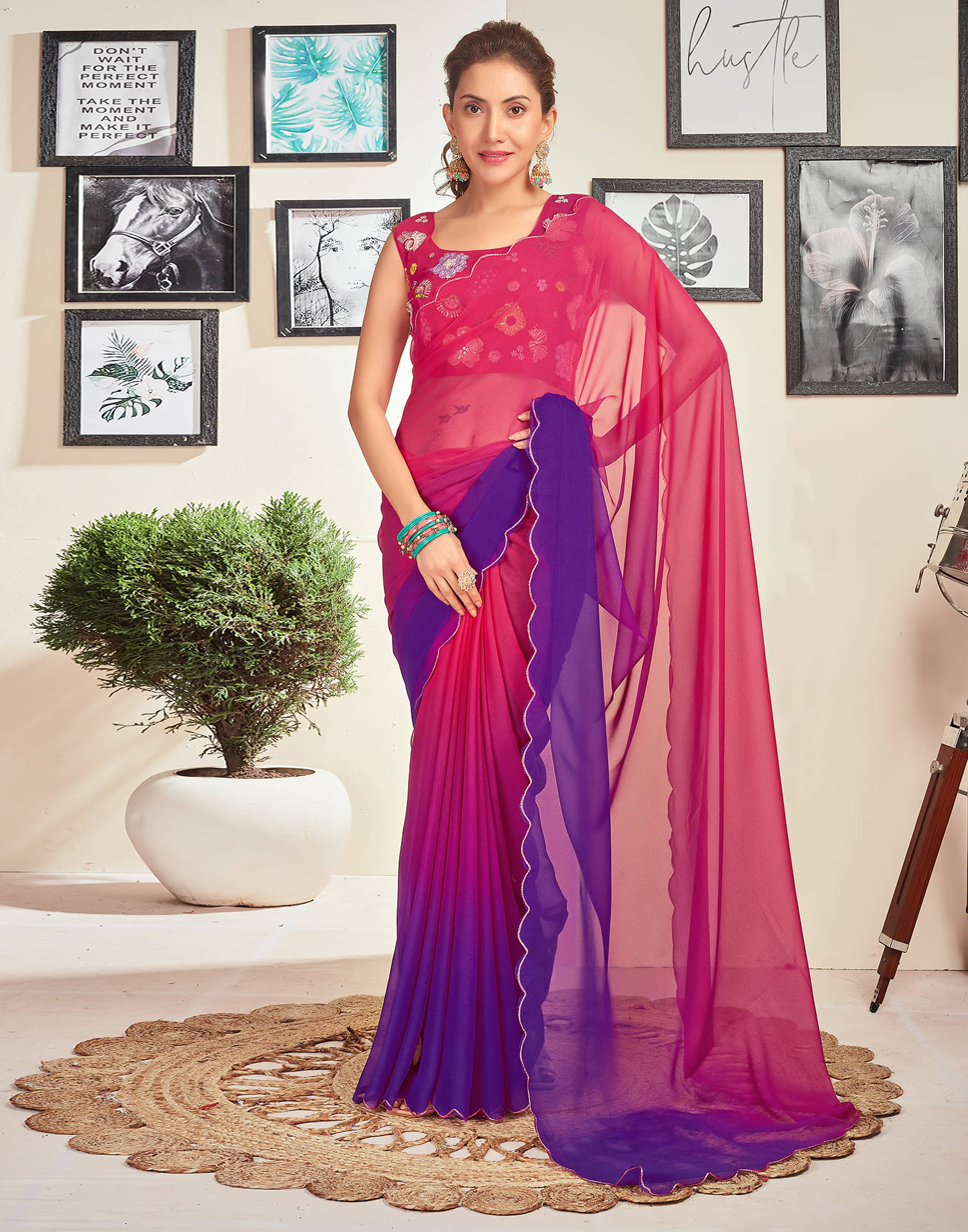     			Samah Georgette Printed Saree With Unstitched Blouse Piece ( Rani )