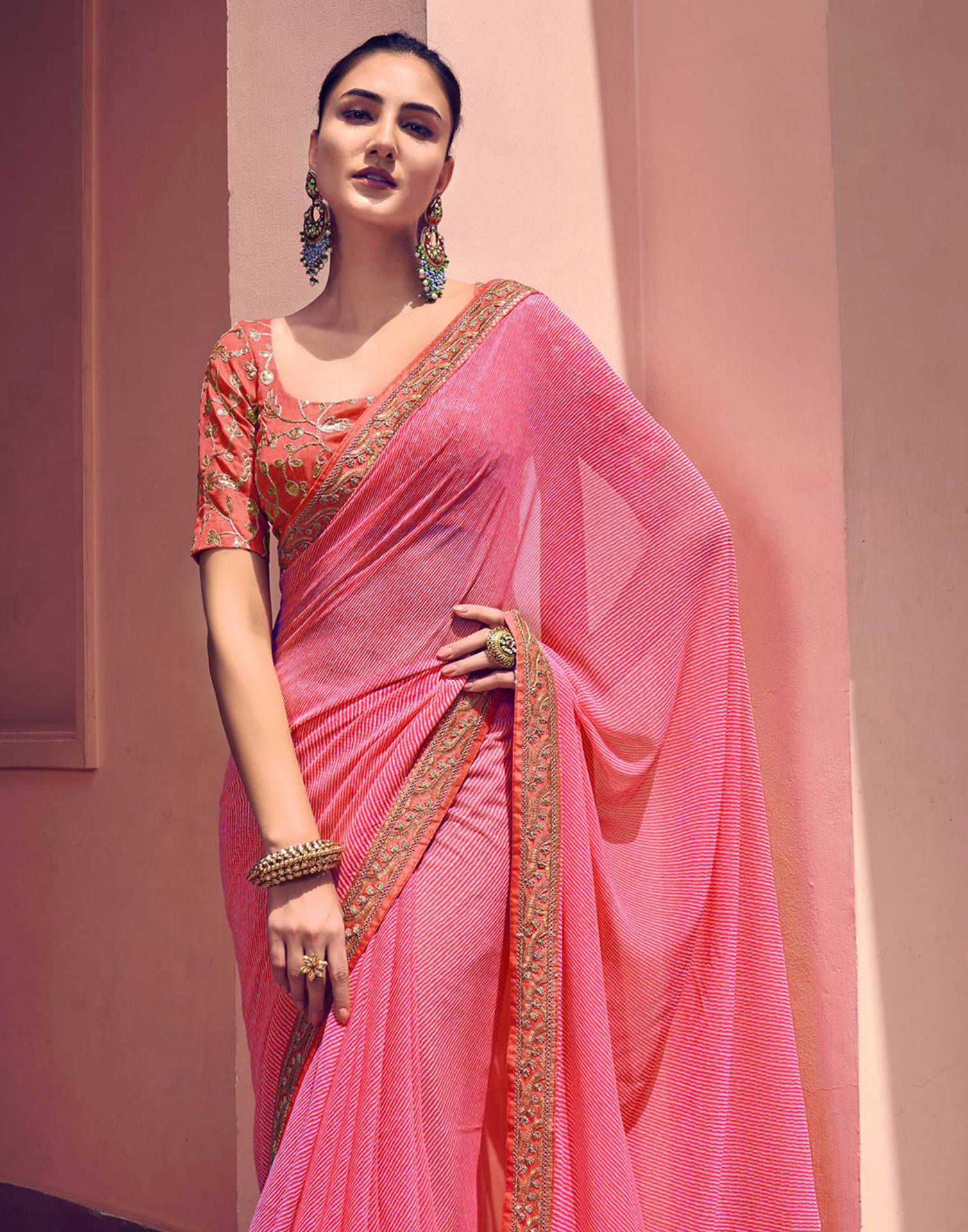     			Samah Georgette Self Design Saree With Unstitched Blouse Piece ( Pink )
