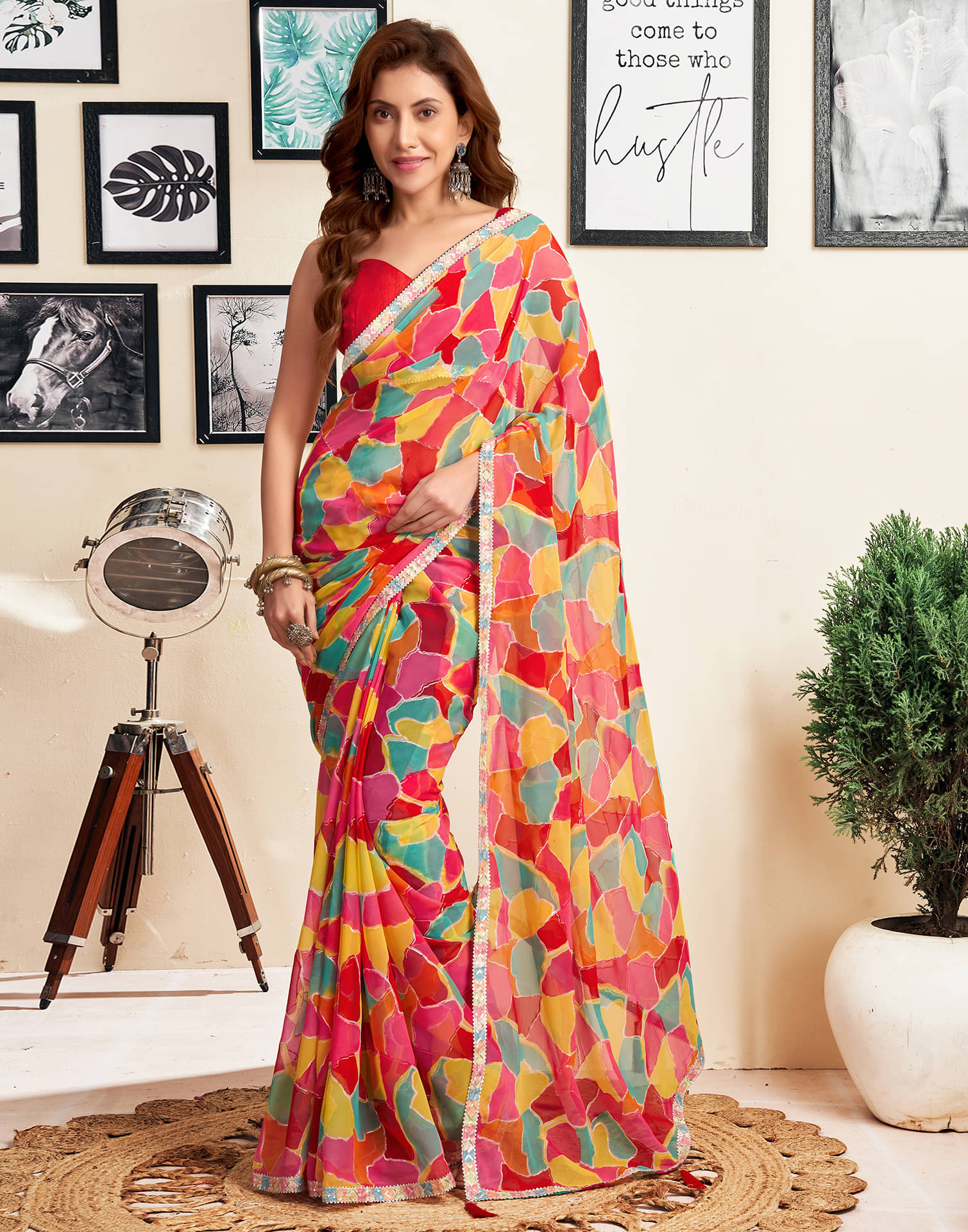     			Satrani Georgette Self Design Saree With Unstitched Blouse Piece ( Red )