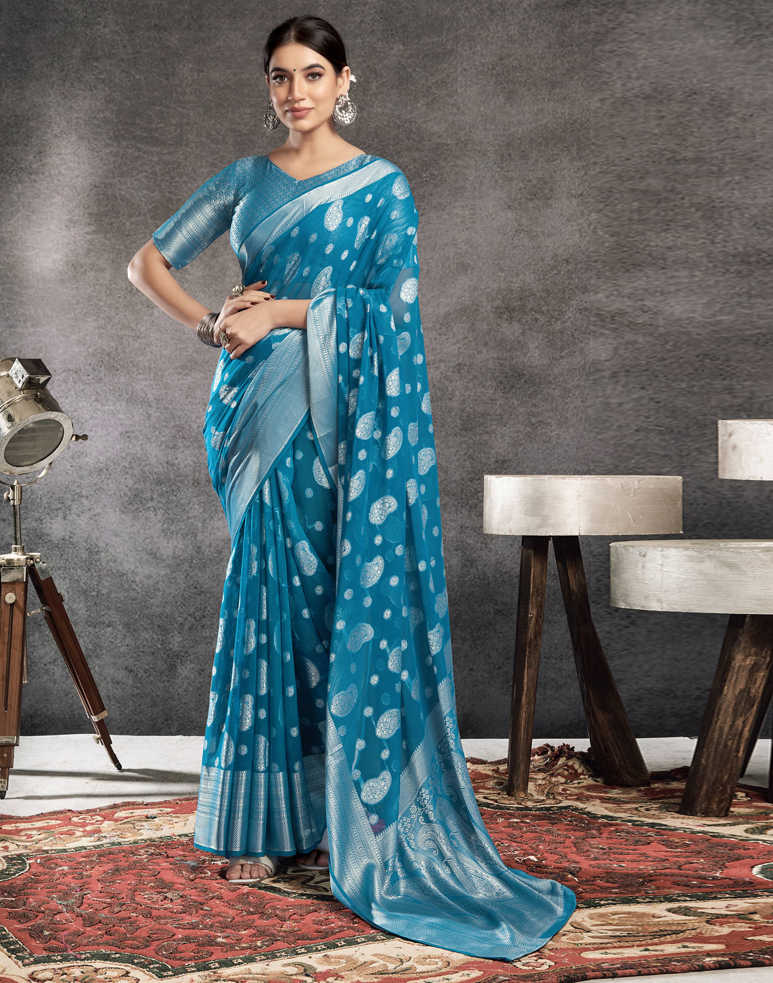Satrani Georgette Self Design Saree With Unstitched Blouse Piece ( Rama ) Satrani Georgette Self Design Saree With Unstitched Blouse Piece ( Rama )
