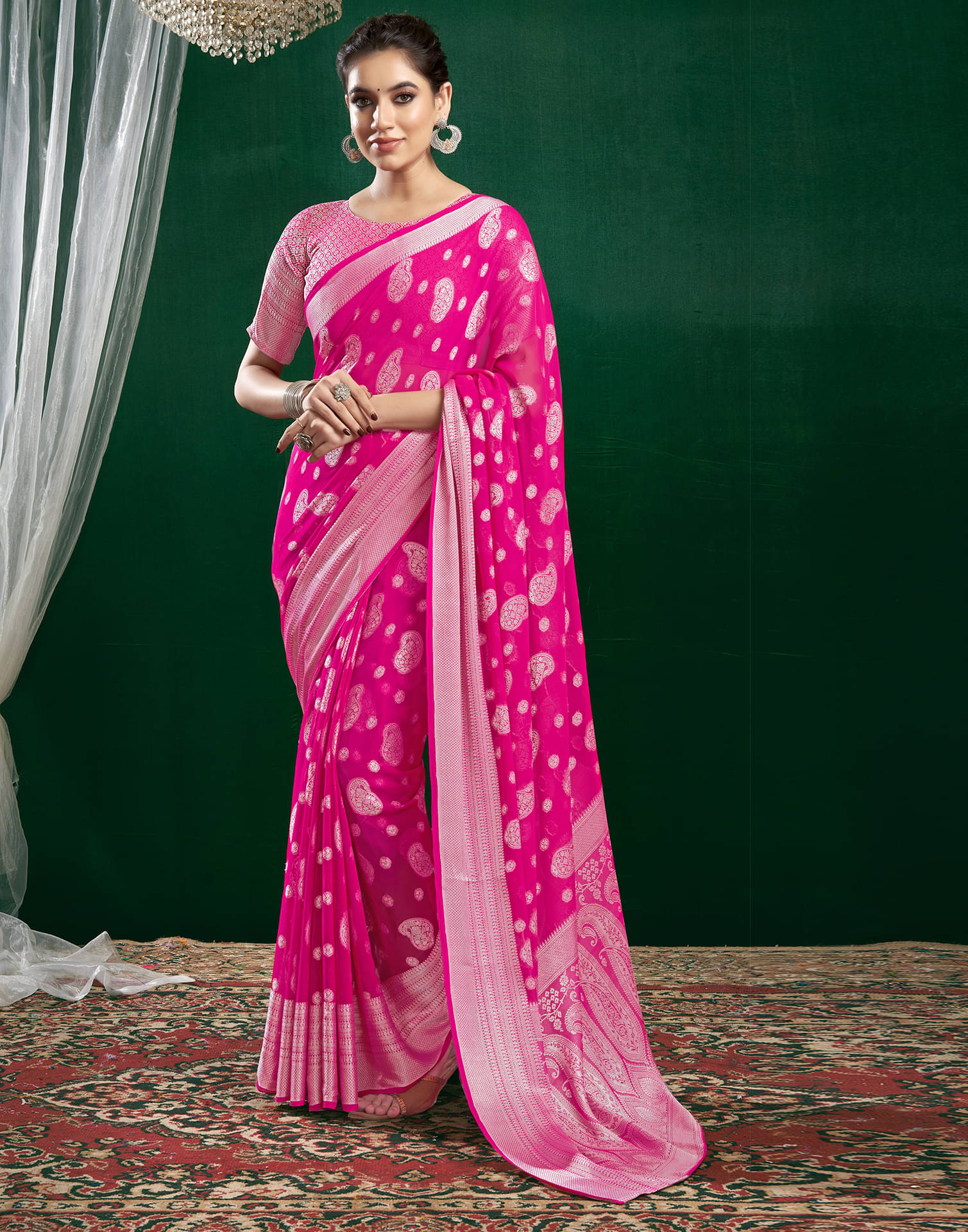 Satrani Georgette Self Design Saree With Unstitched Blouse Piece ( Rani ) Satrani Georgette Self Design Saree With Unstitched Blouse Piece ( Rani )