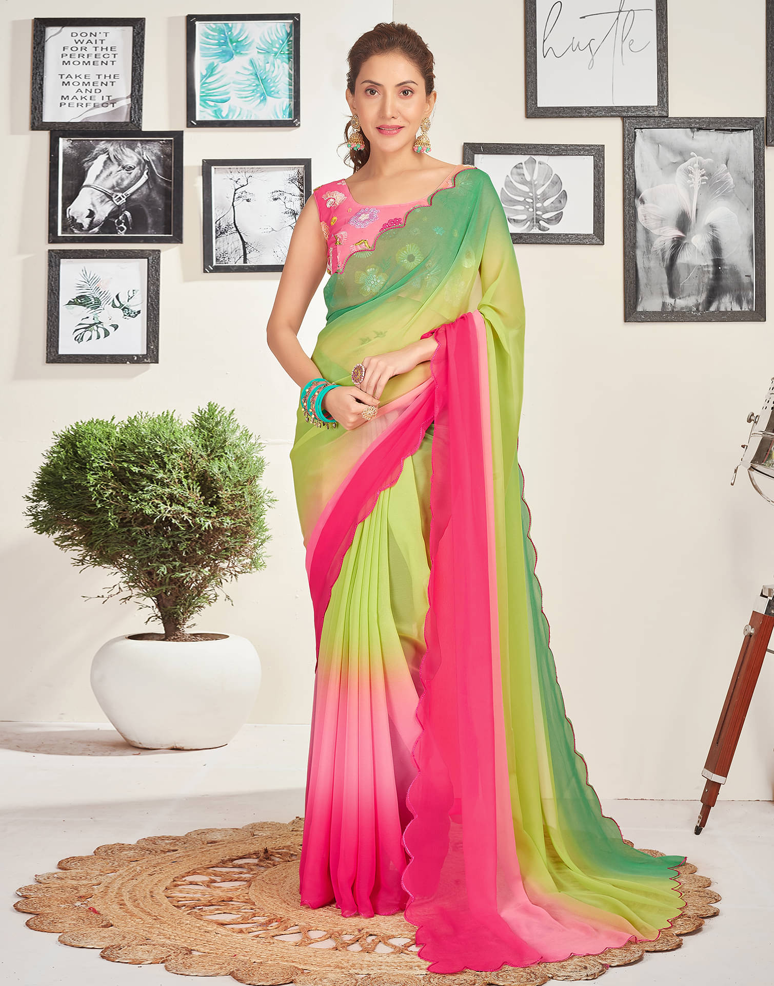 Satrani Georgette Self Design Saree With Unstitched Blouse Piece ( Green ) Satrani Georgette Self Design Saree With Unstitched Blouse Piece ( Green )