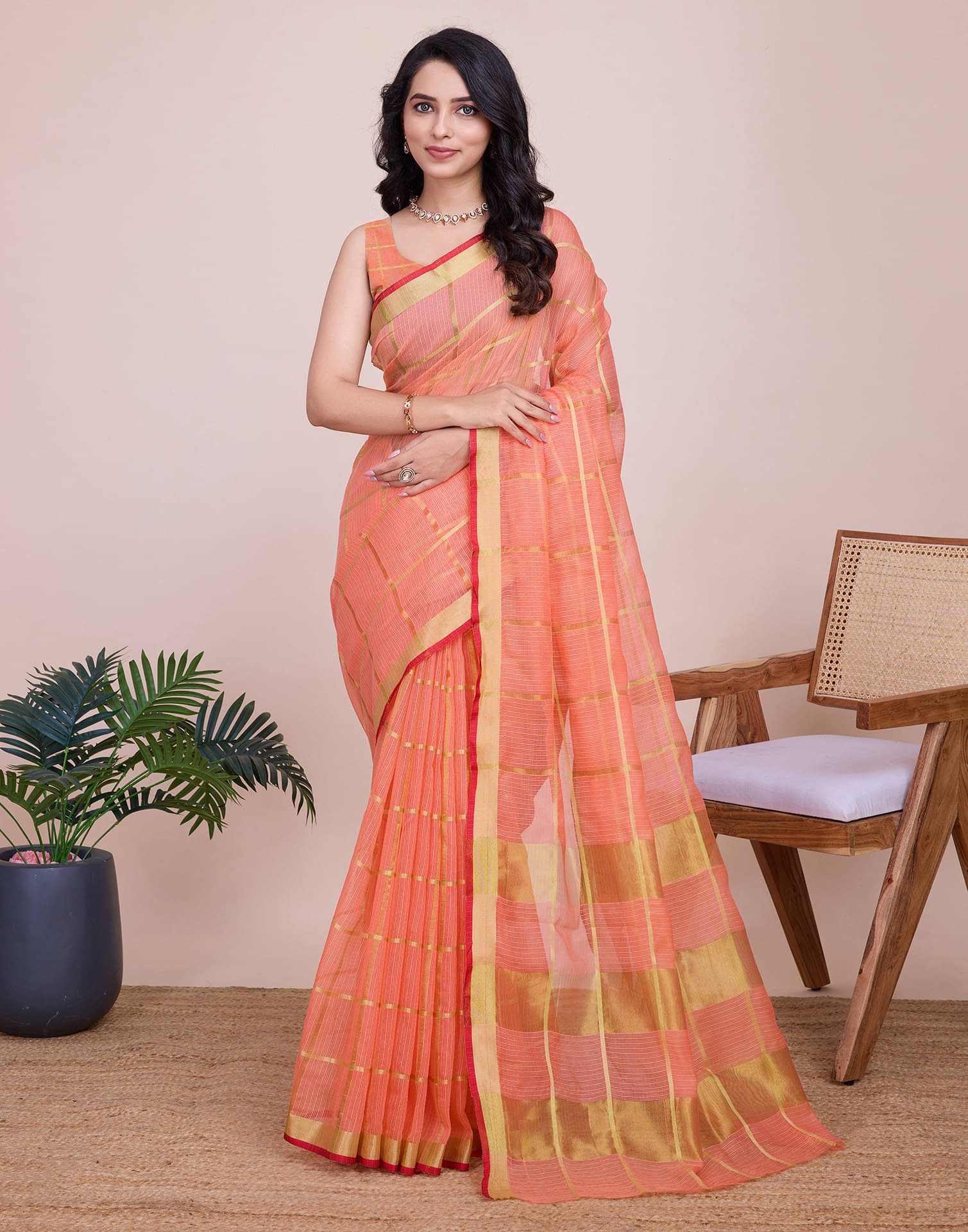     			Satrani Silk Solid Saree With Unstitched Blouse Piece ( Peach )