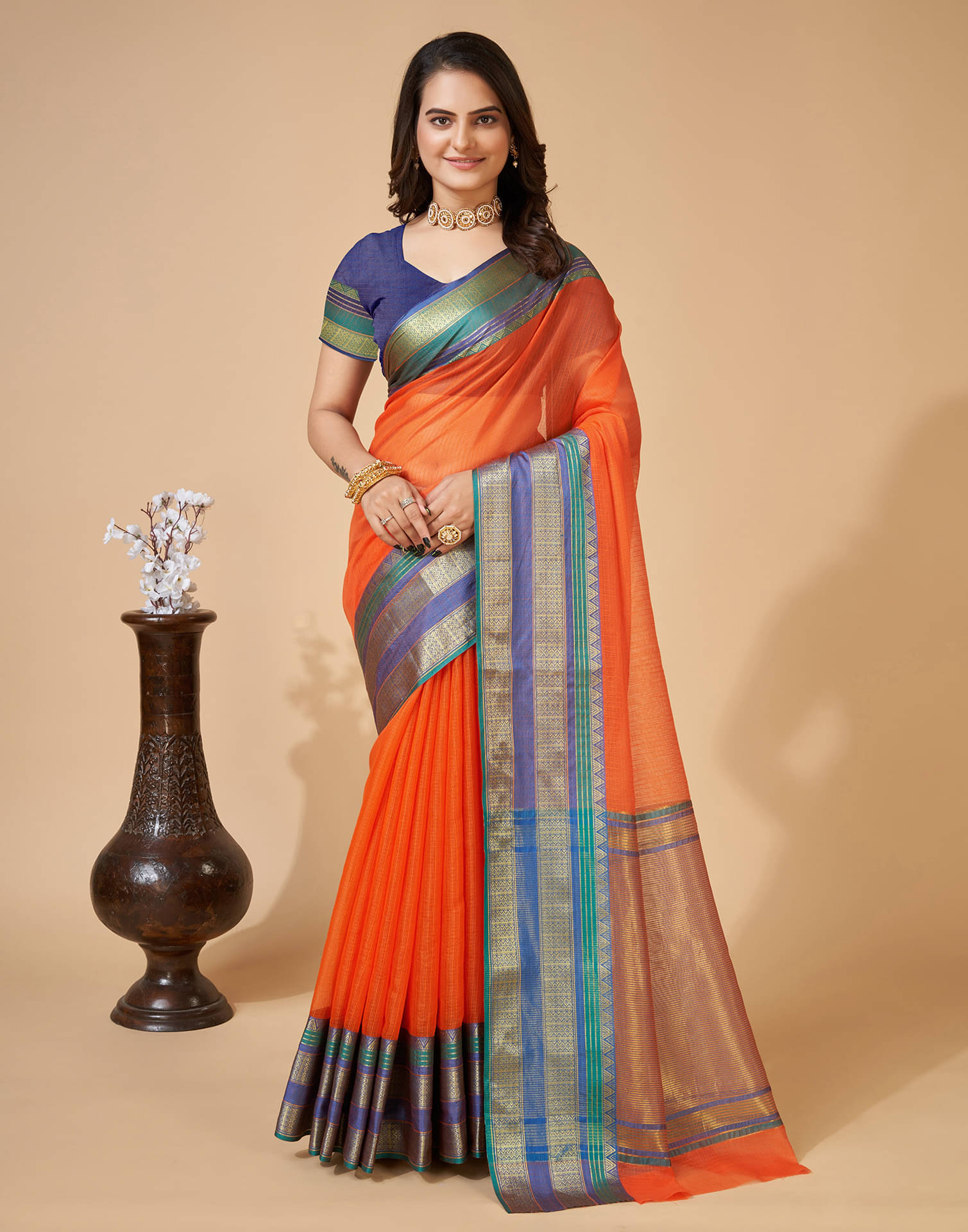 Satrani Silk Woven Saree With Unstitched Blouse Piece ( Orange ) Satrani Silk Woven Saree With Unstitched Blouse Piece ( Orange )