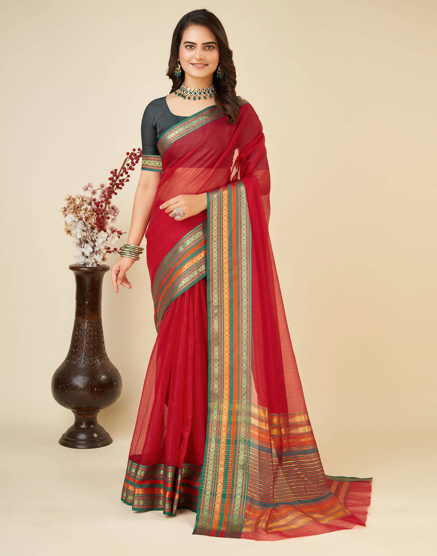     			Satrani Silk Woven Saree With Unstitched Blouse Piece ( Red )