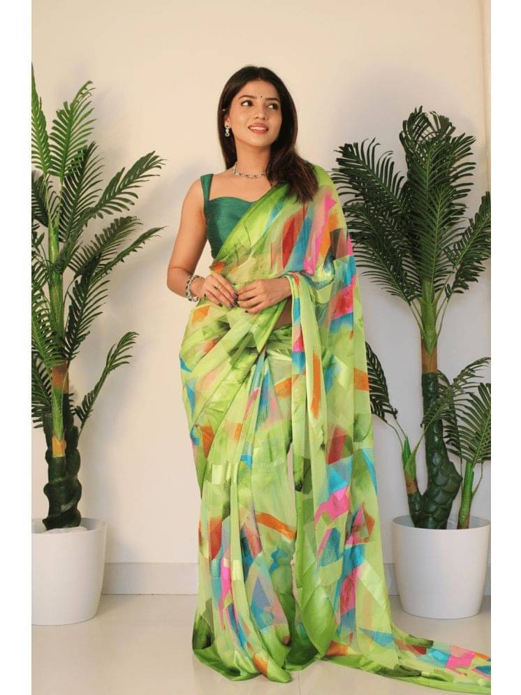     			Sitanjali Georgette Printed Saree With Unstitched Blouse Piece ( Green )
