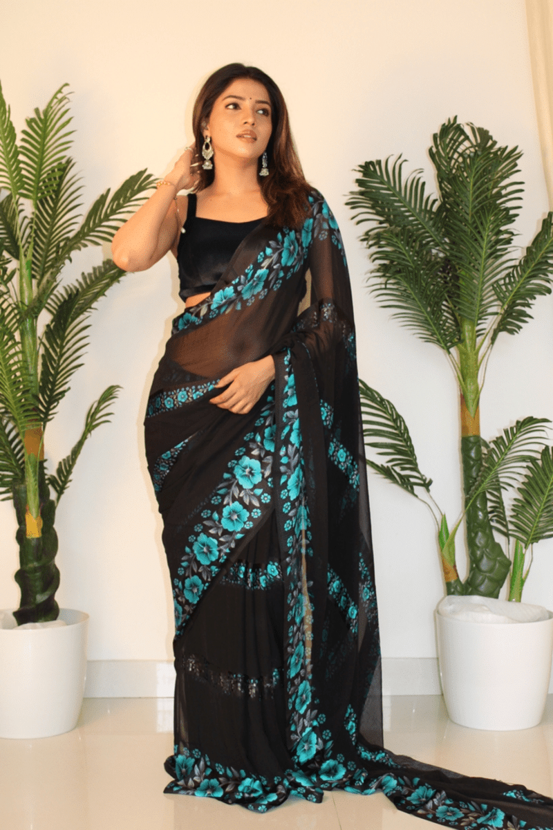 Sitanjali Georgette Printed Saree With Unstitched Blouse Piece ( Light Blue ) Sitanjali Georgette Printed Saree With Unstitched Blouse Piece ( Light Blue )