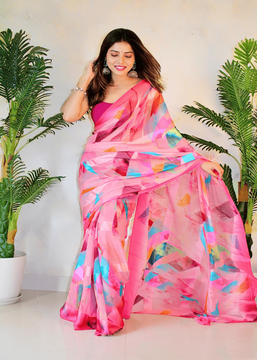     			Sitanjali Georgette Printed Saree With Unstitched Blouse Piece ( Fluorescent Pink )