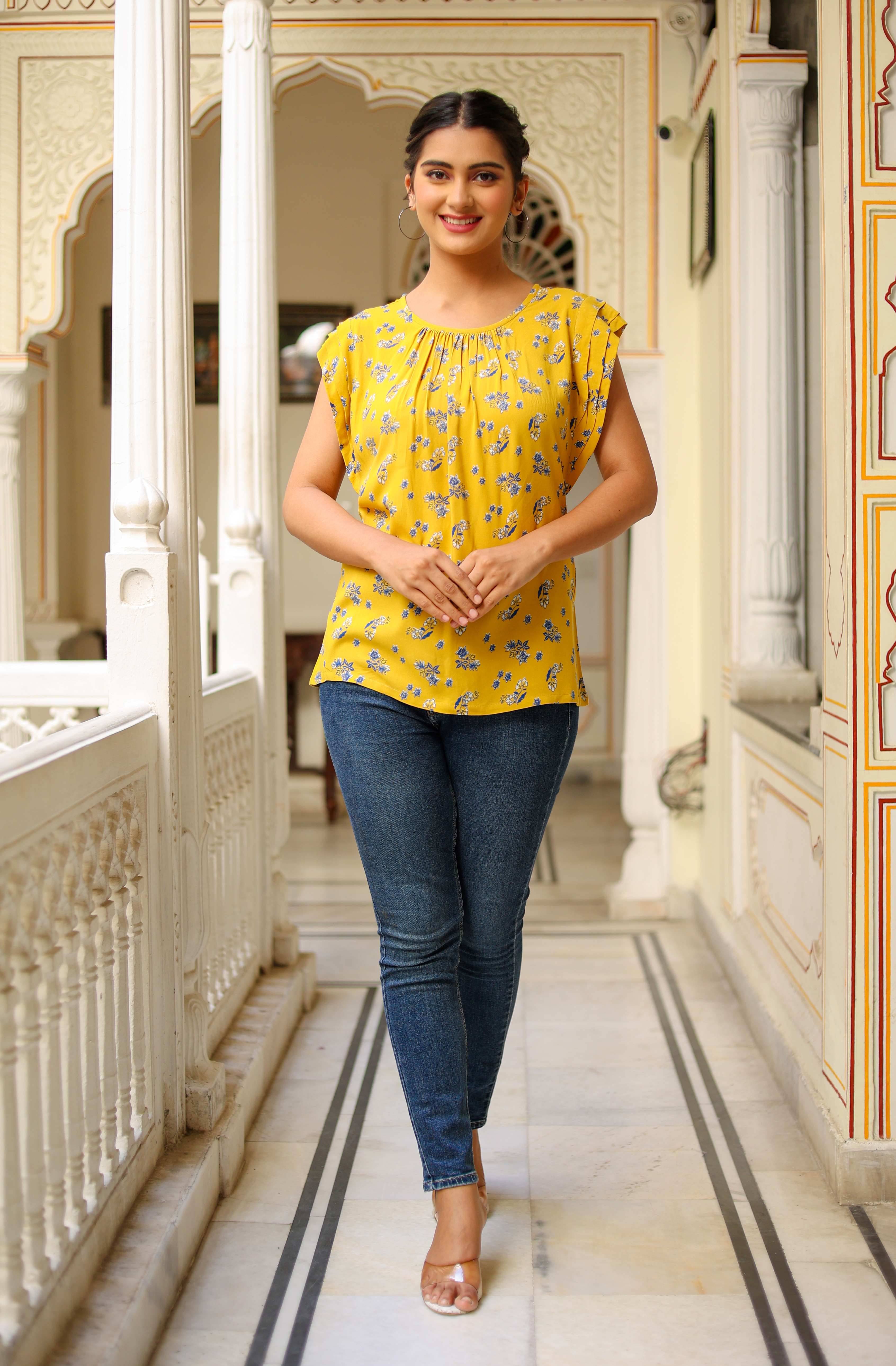 Yash Gallery Women's Rayon Regular Top ( Yellow ) Yash Gallery Women's Rayon Regular Top ( Yellow )