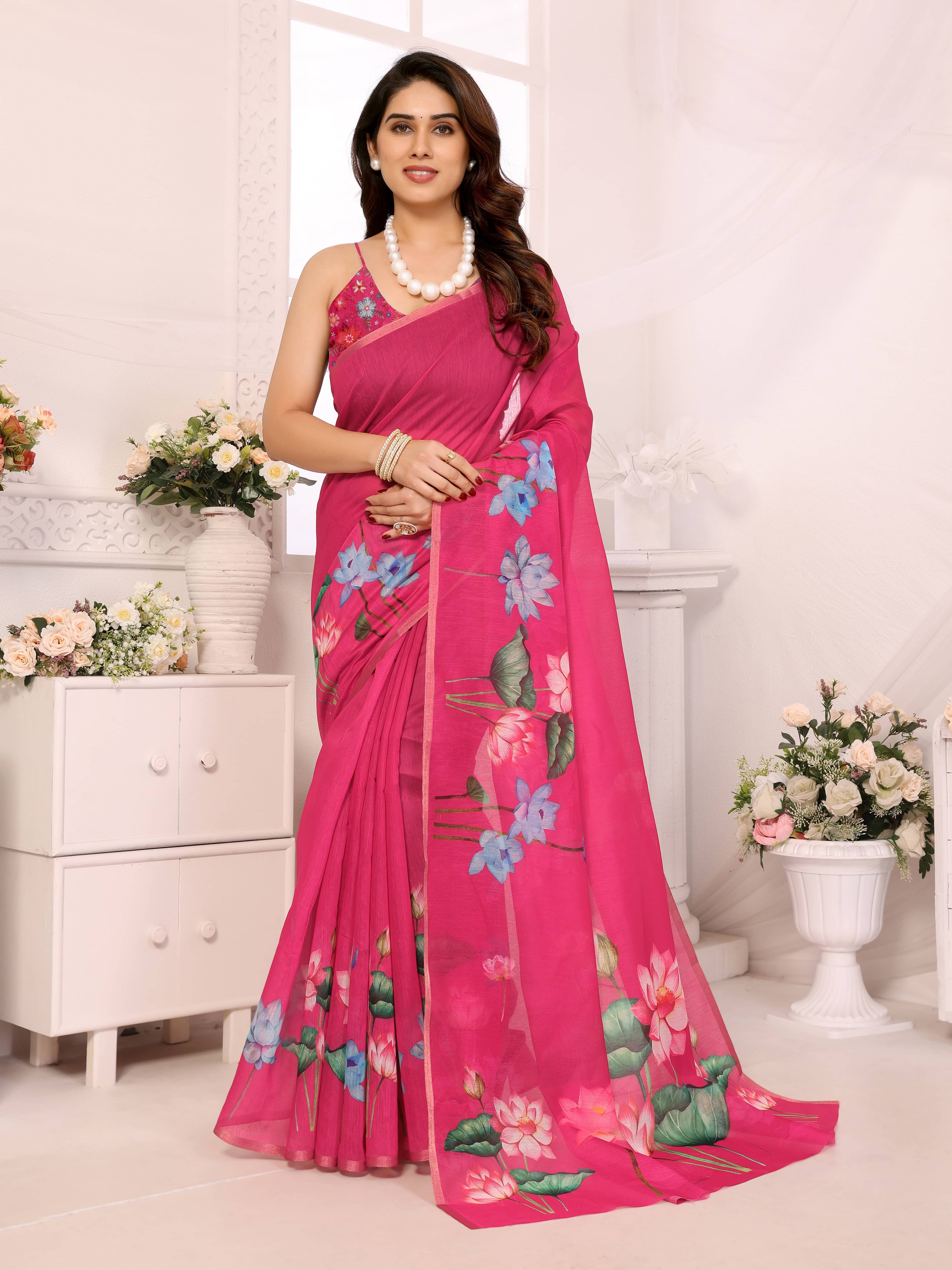 HEMA SILK MILLS Chanderi Printed Saree With Unstitched Blouse Piece ( Pink ) HEMA SILK MILLS Chanderi Printed Saree With Unstitched Blouse Piece ( Pink )