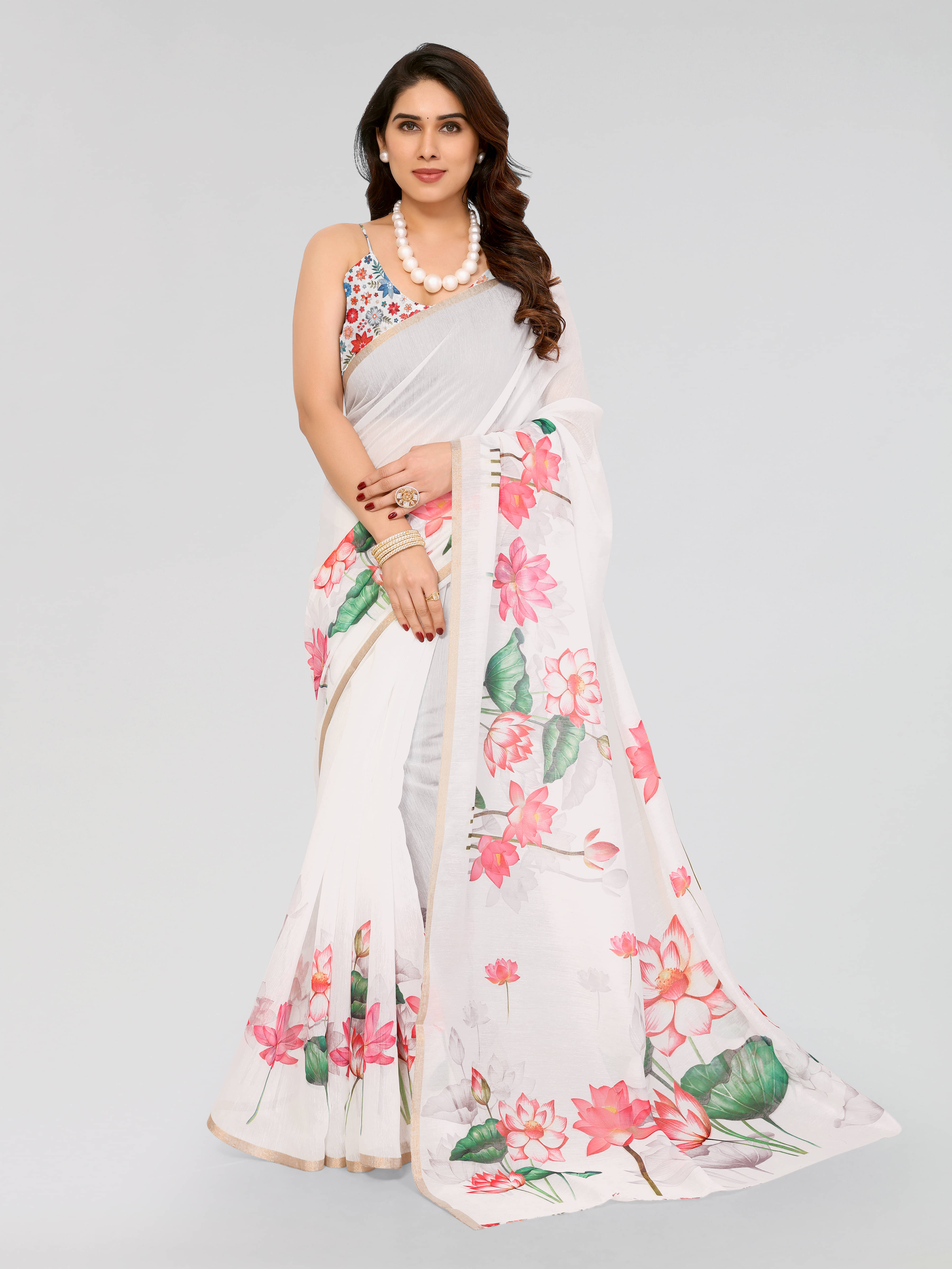 HEMA SILK MILLS Chanderi Printed Saree With Unstitched Blouse Piece ( White ) HEMA SILK MILLS Chanderi Printed Saree With Unstitched Blouse Piece ( White )