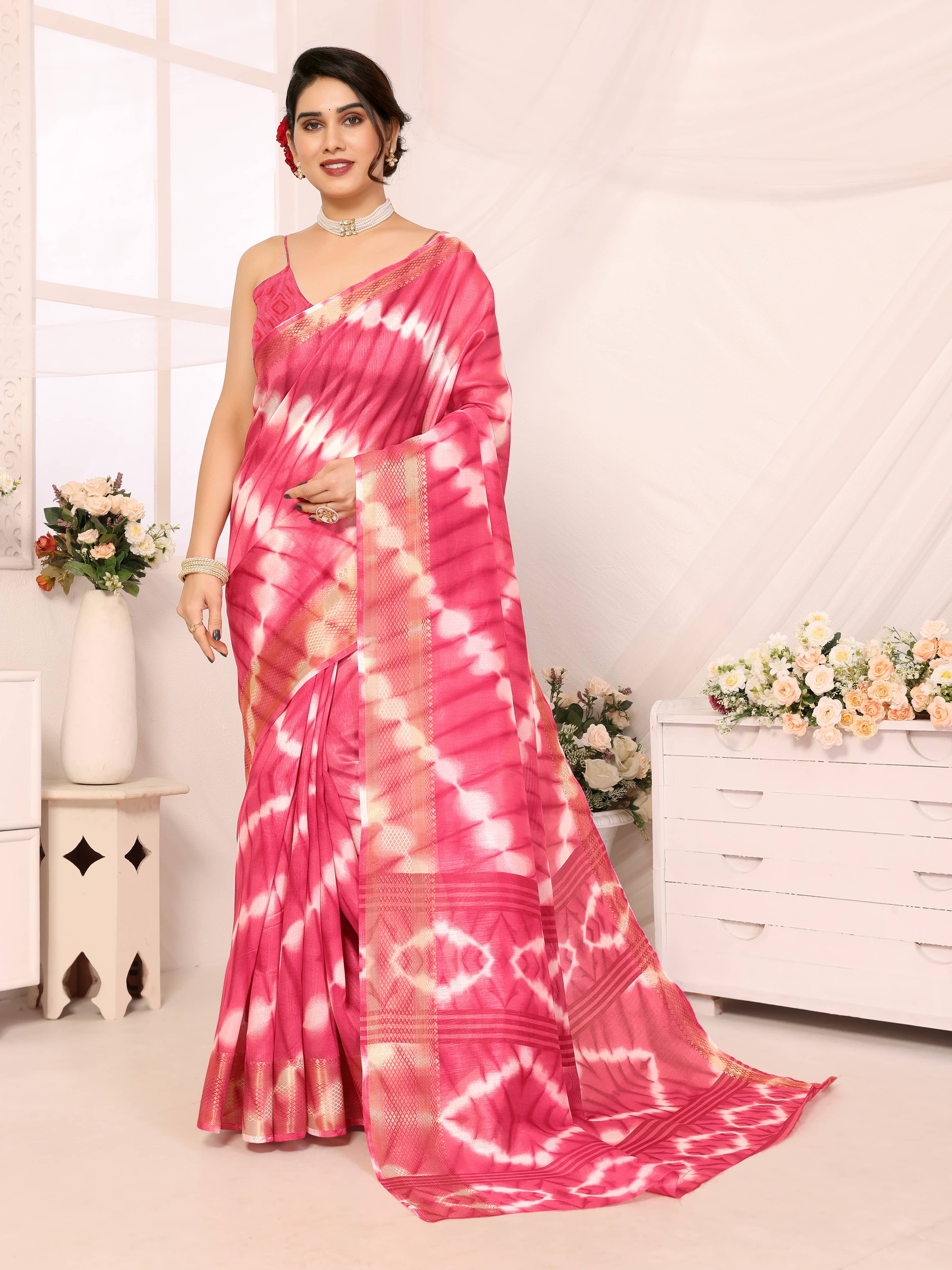 HEMA SILK MILLS Cotton Silk Printed Saree With Unstitched Blouse Piece ( Pink ) - Sarees | Buy online on ZillyBuy