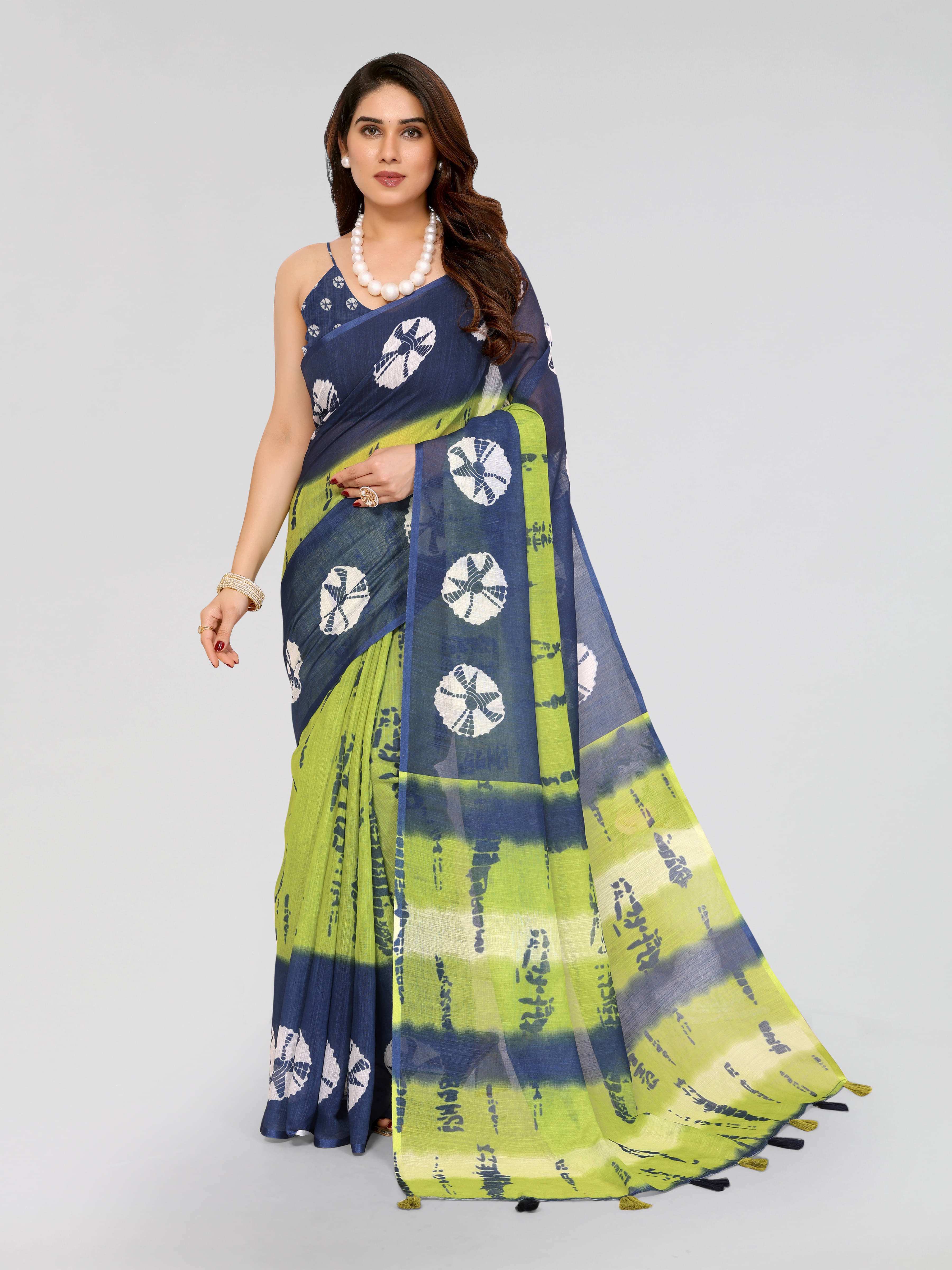     			HEMA SILK MILLS Linen Printed Saree With Unstitched Blouse Piece ( Yellow )