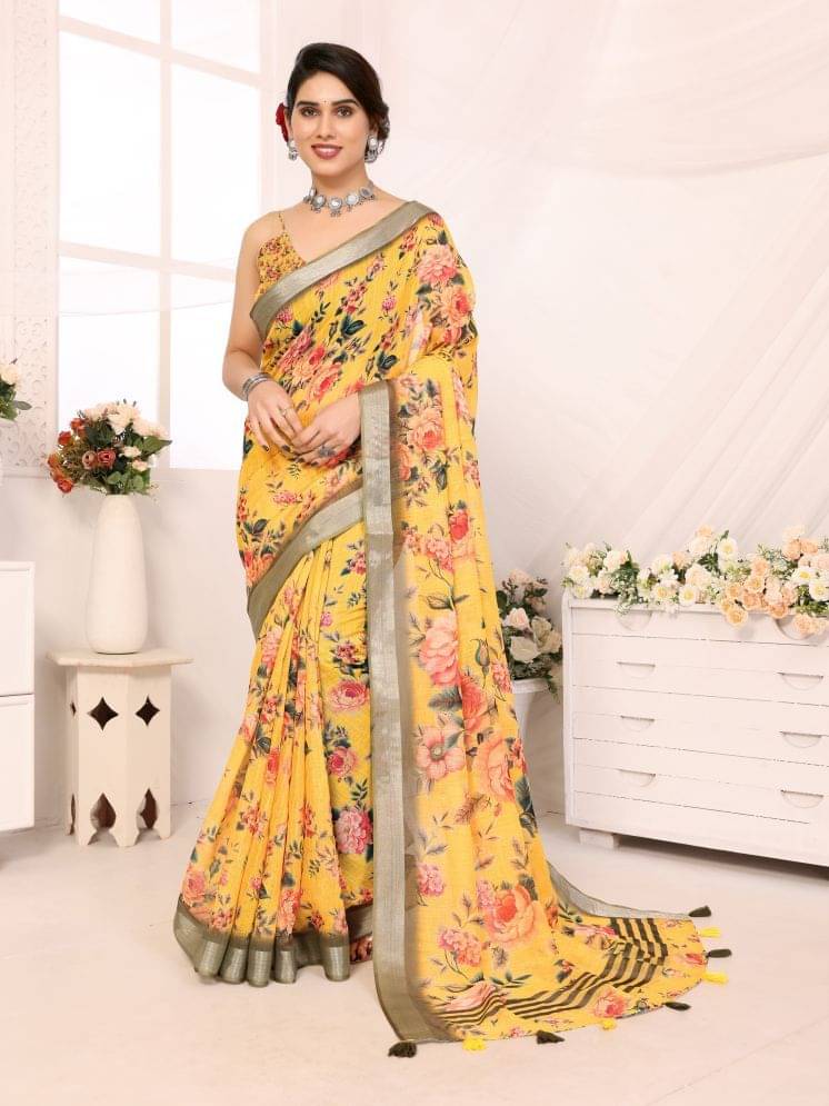     			HEMA SILK MILLS Linen Printed Saree With Unstitched Blouse Piece ( Yellow )