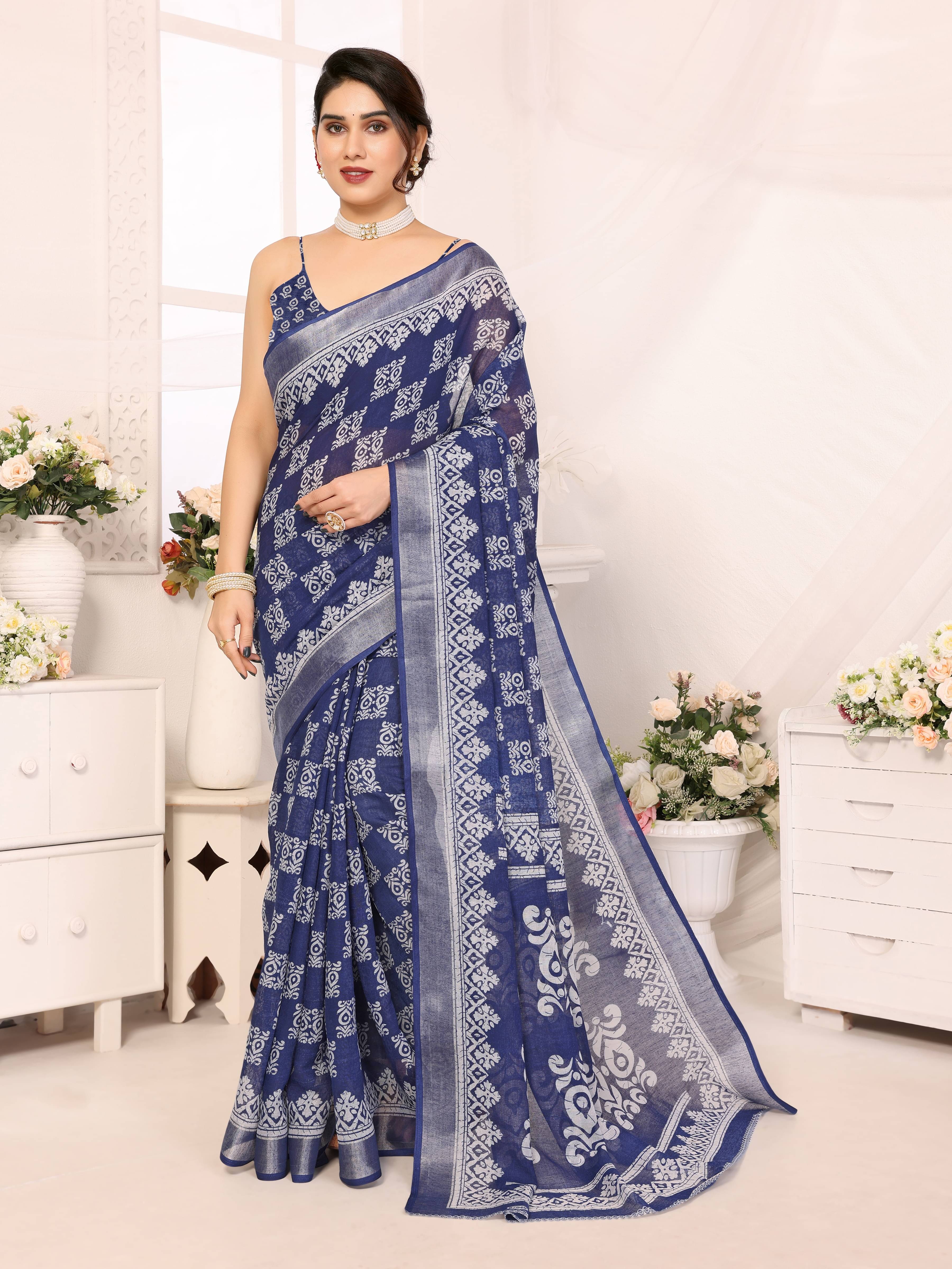 HEMA SILK MILLS Linen Printed Saree With Unstitched Blouse Piece ( Blue ) HEMA SILK MILLS Linen Printed Saree With Unstitched Blouse Piece ( Blue )
