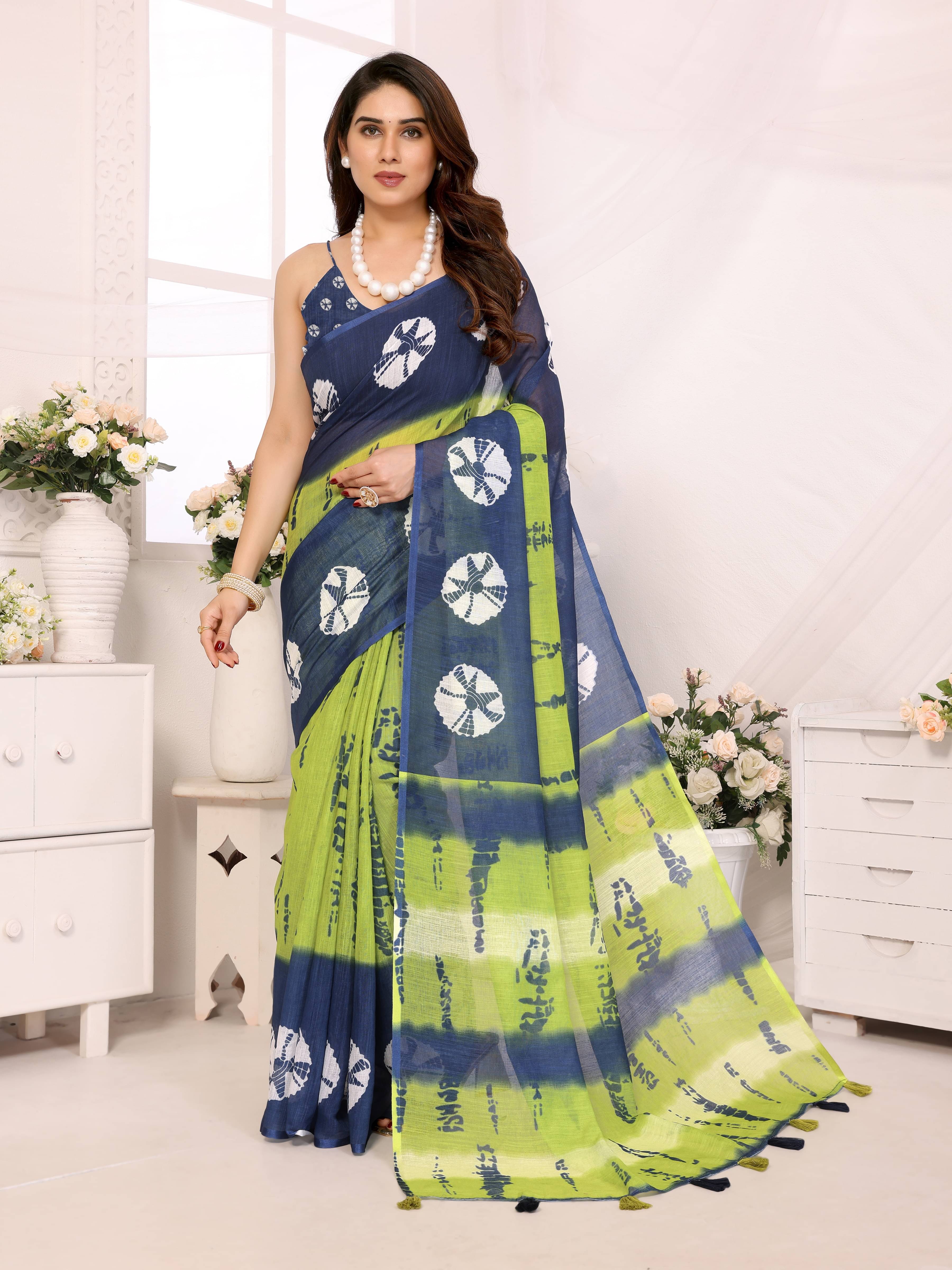     			HEMA SILK MILLS Linen Printed Saree With Unstitched Blouse Piece ( Yellow )