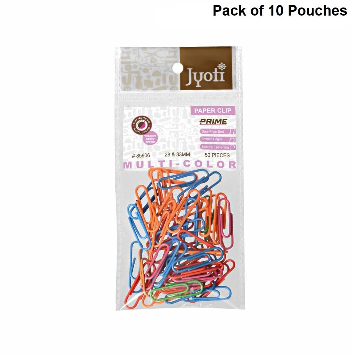     			Jyoti Paper Clip Plastic Coated - Prime (50 Pcs of 28mm & 33mm Multicolored Clips in a Pouch), Re-Usable Clamps for Holding Loose Papers and Document Organizing, Office, and Stationery - Pack of 10