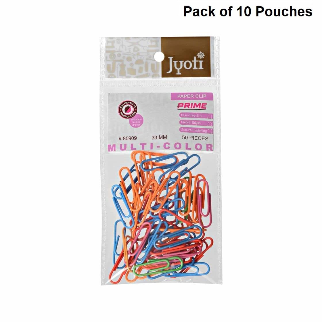     			Jyoti Paper Clip Plastic Coated - Prime (50 Pcs of 33mm Multicolored Clips in a Pouch), Re-Usable Clamps for Holding Loose Papers & Document Organizing, Office, and Stationery - Pack of 10 Pouches