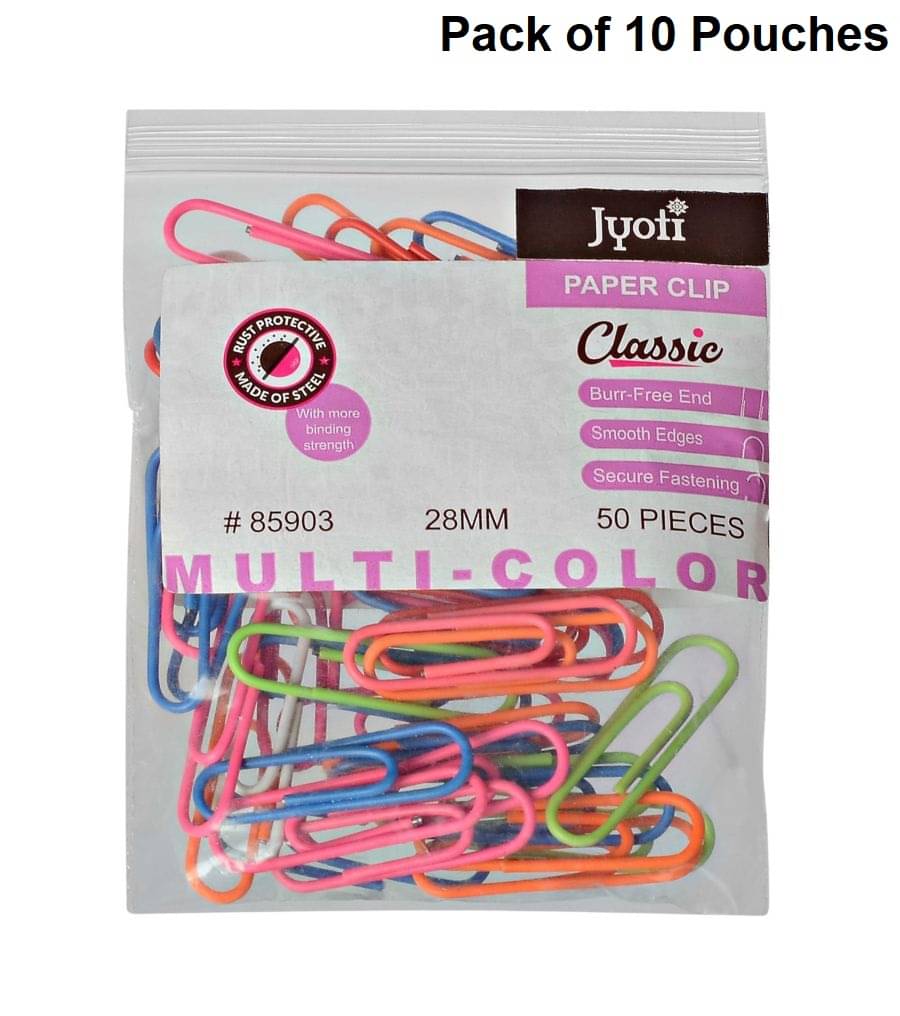     			Jyoti Paper Clip Plastic Coated - Classic (50 Pcs of 28mm Multicolored Clips in a Pouch), Re-Usable Clamps for Holding Loose Papers and Document Organizing, Office, and Stationery - Pack of 10