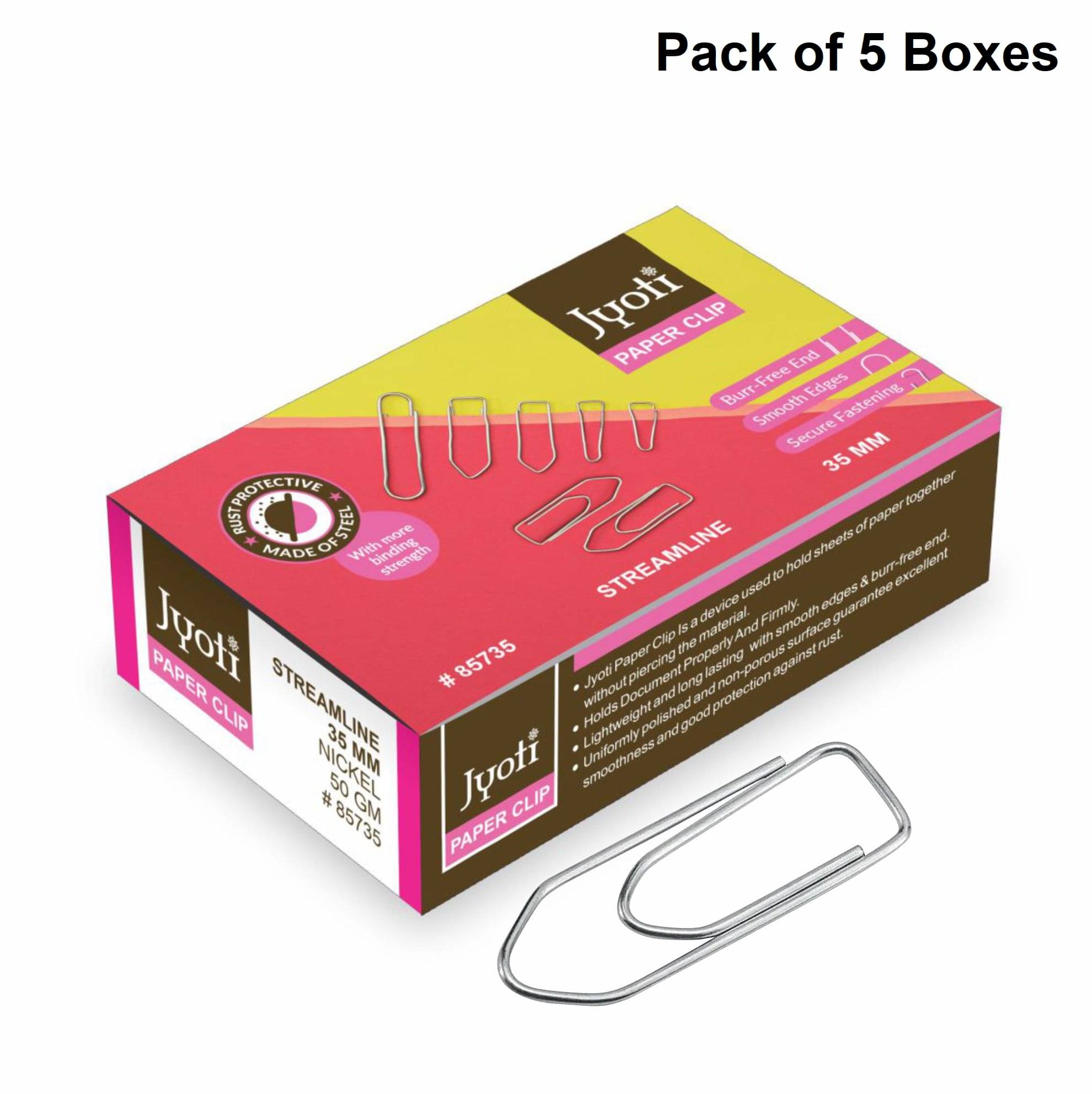     			Jyoti Paper Clip - Streamline Shape Classic (50 Grams of 1.00x35mm of Steel in Nickel Finish in a Box), Re-Usable Clamps for Holding Loose Papers & Document Organizing, Office, Stationery - Pack of 5