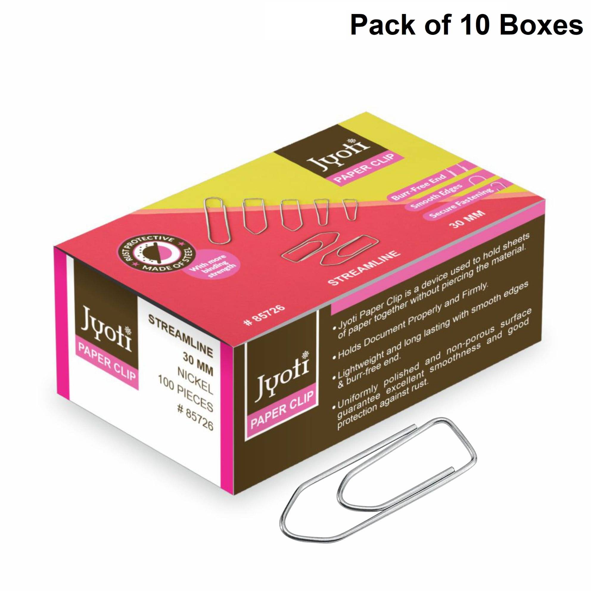     			Jyoti Paper Clip - Streamline Shape Classic (100 Pcs of 0.90x30mm of Steel in Nickel Finish in a Box), Re-Usable Clamps for Holding Loose Papers & Document Organizing, Office, Stationery - Pack of 10