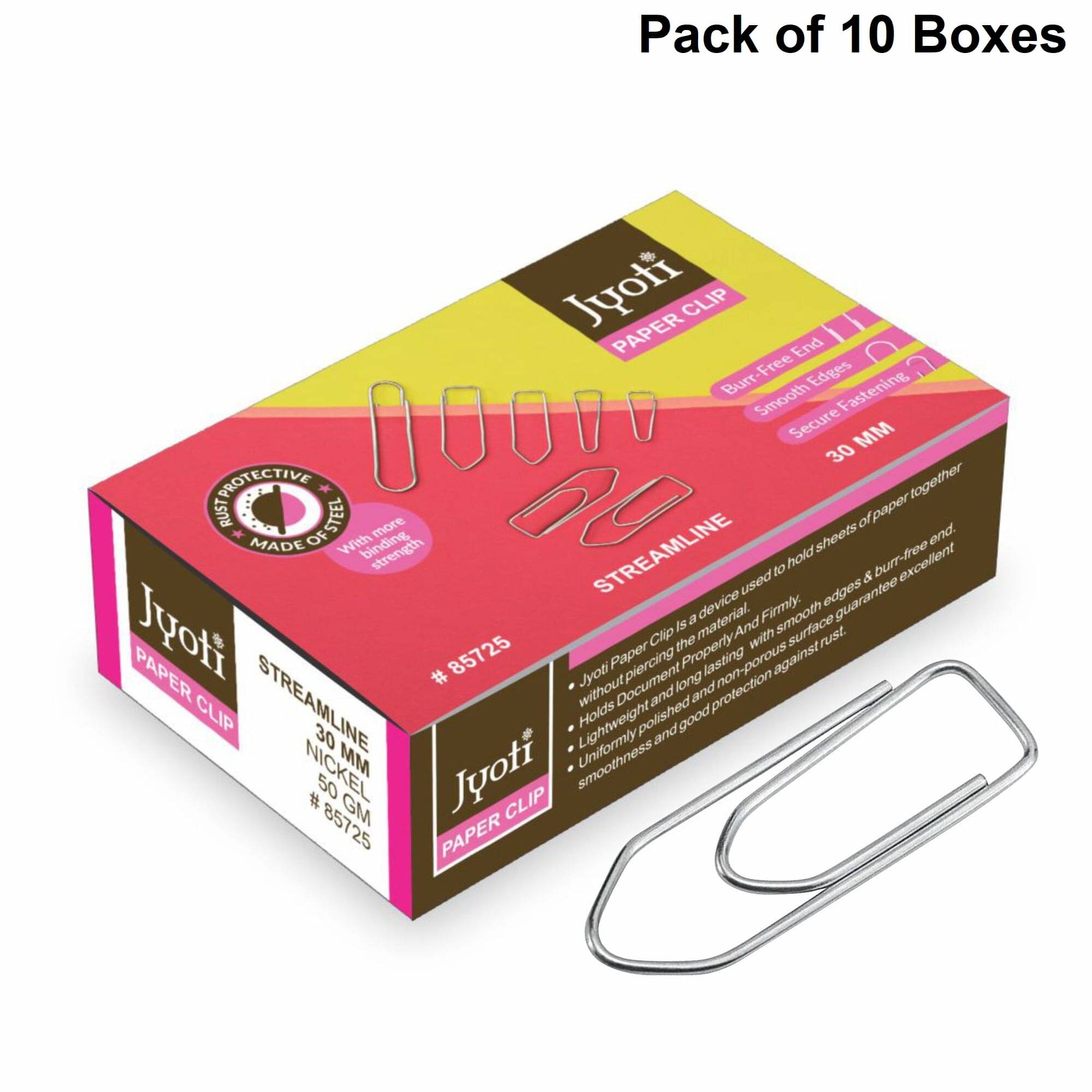     			Jyoti Paper Clip - Streamline Shape Classic (50 Grams of 0.90x30mm of Steel in Nickel Finish in a Box), Re-Usable Clamps for Holding Loose Papers & Document Organizing, Office, Stationery - Pack of 10
