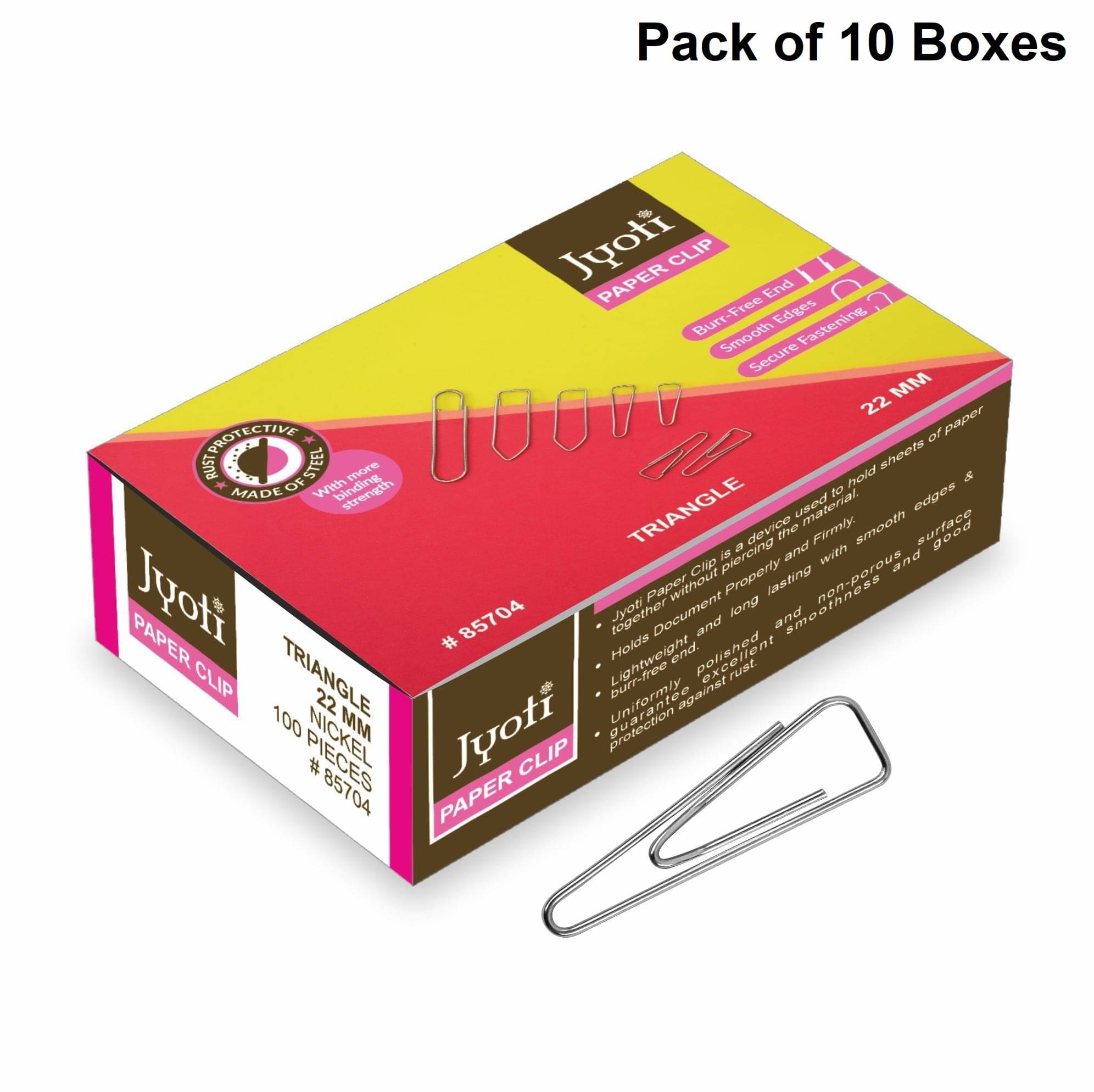 Jyoti Paper Clip - Triangle Shape Classic (100 Pcs of 0.80x22mm of Steel in Nickel Finish in a Box) Re-Usable Clamps for Holding Loose Papers & Document Organizing, Office, and Stationery - Pack of 10 Jyoti Paper Clip - Triangle Shape Classic (100 Pcs of 0.80x22mm of Steel in Nickel Finish in a Box) Re-Usable Clamps for Holding Loose Papers & Document Organizing, Office, and Stationery - Pack of 10